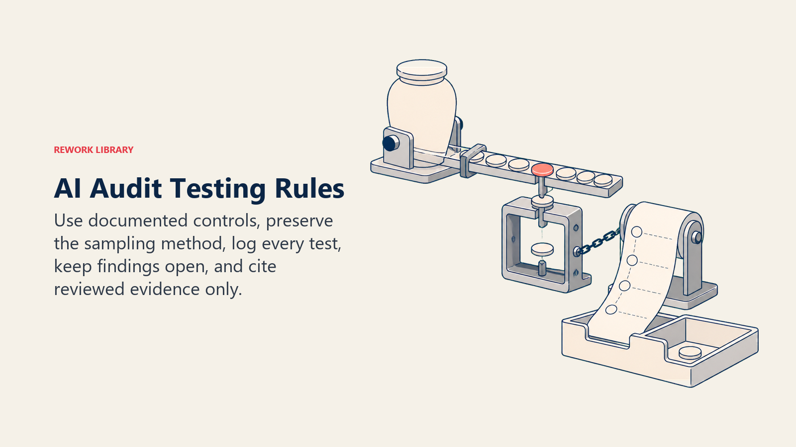 AI audit testing rules shown as a fixed sampling method, documented control, test log, open finding, and evidence citations