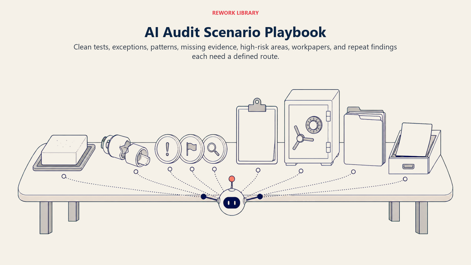 AI audit scenario playbook showing clean tests, control exceptions, patterns, missing evidence, high-risk areas, and repeat findings