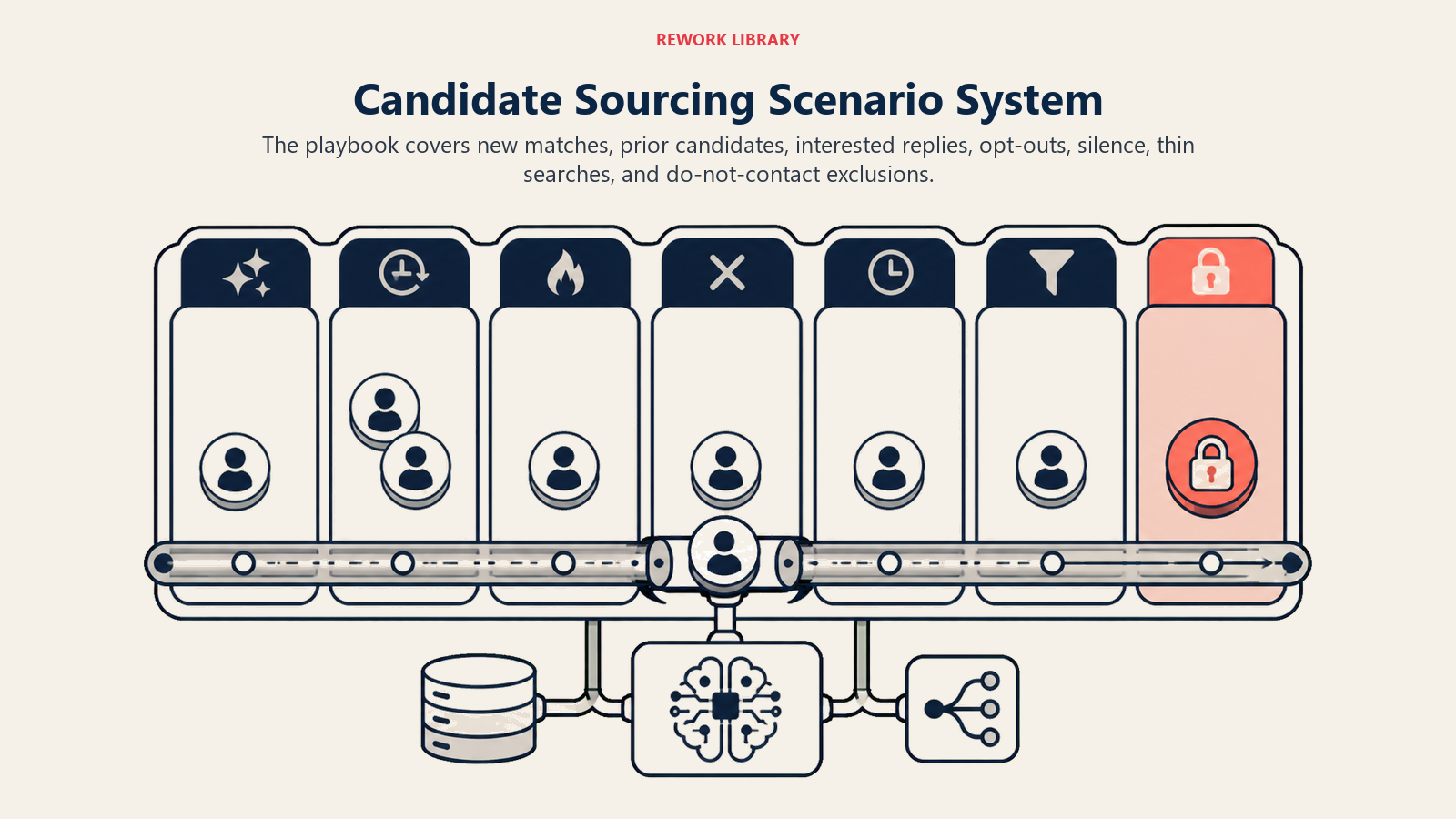Candidate Sourcing Scenario System shown as wide talent dispatch board with seven large states
