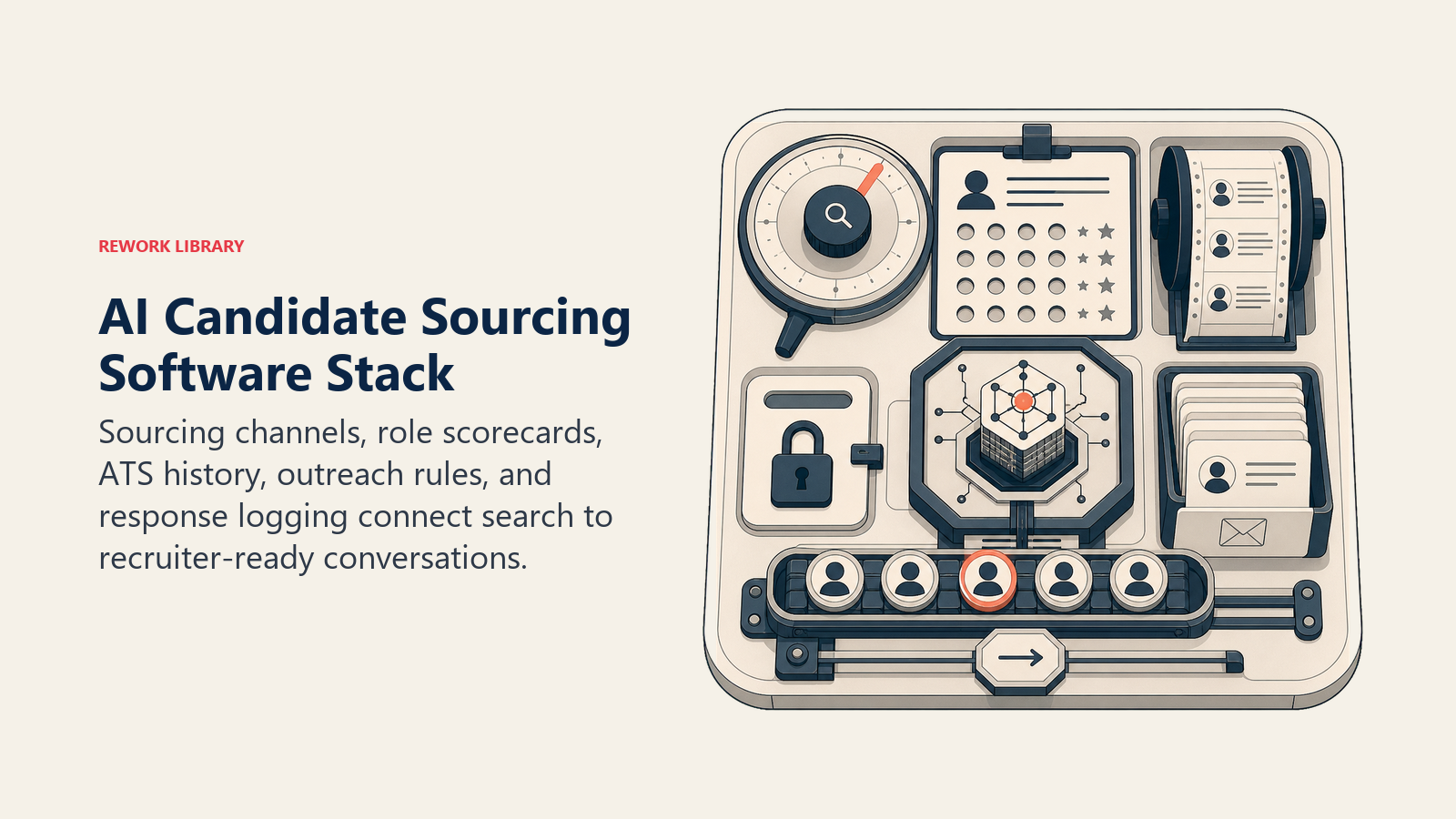 AI Candidate Sourcing Software Stack shown as candidate sourcing workbench with query dial, scorecard and outreach tray