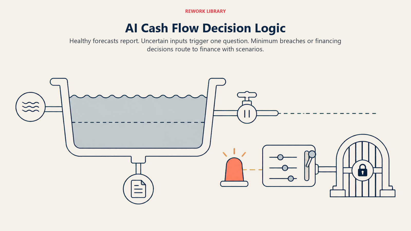 AI cash flow decision logic showing healthy reporting, one clarification valve, and finance handoff for minimum breaches