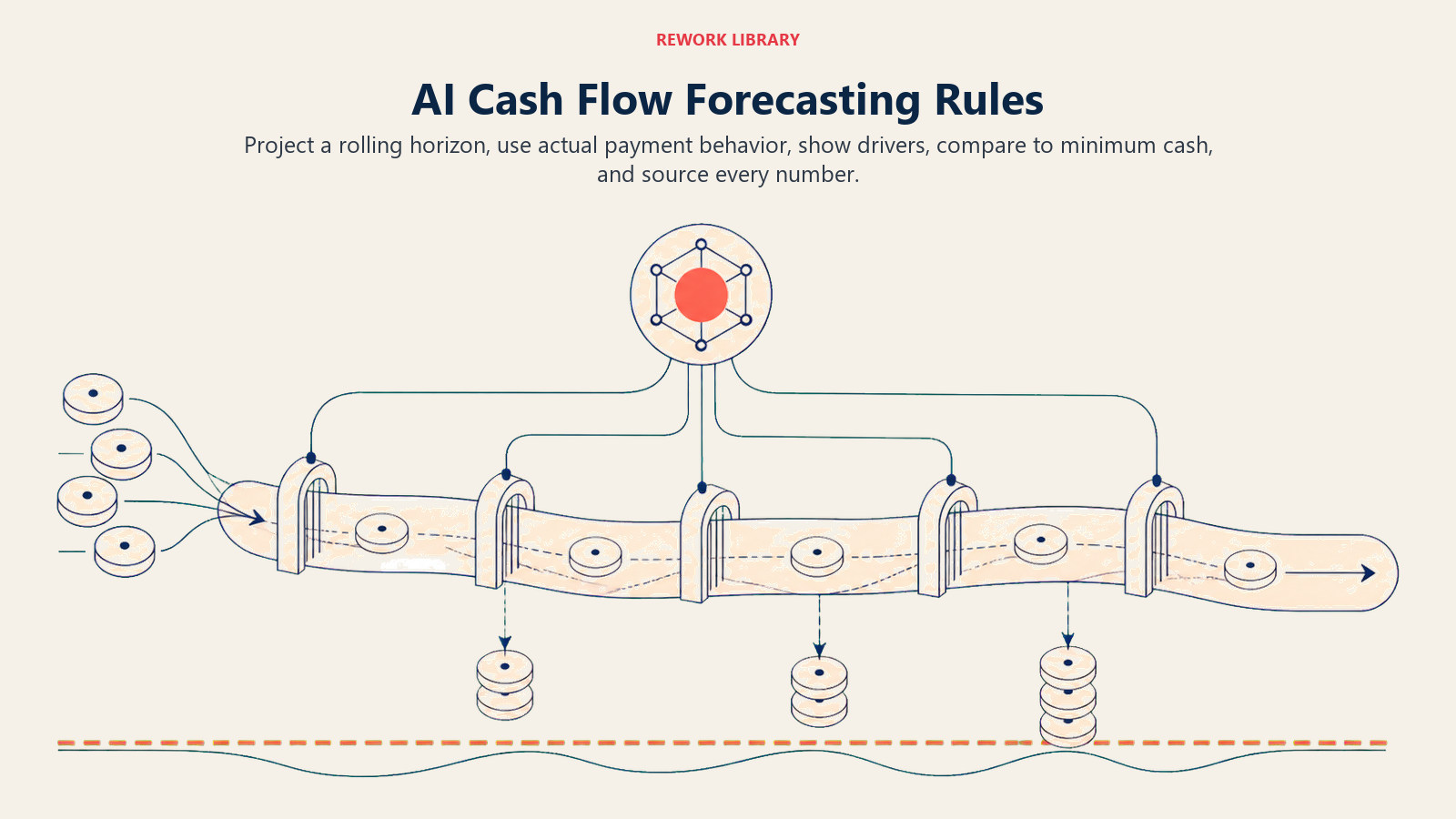 AI cash flow forecasting rules shown as a rolling cash channel using payment history, source records, and minimum cash policy
