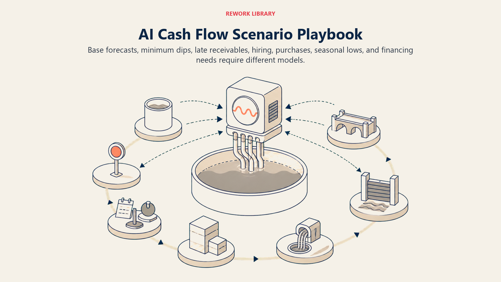 AI cash flow scenario playbook showing base case, late receivable, hiring, purchase, seasonal dip, and financing timing