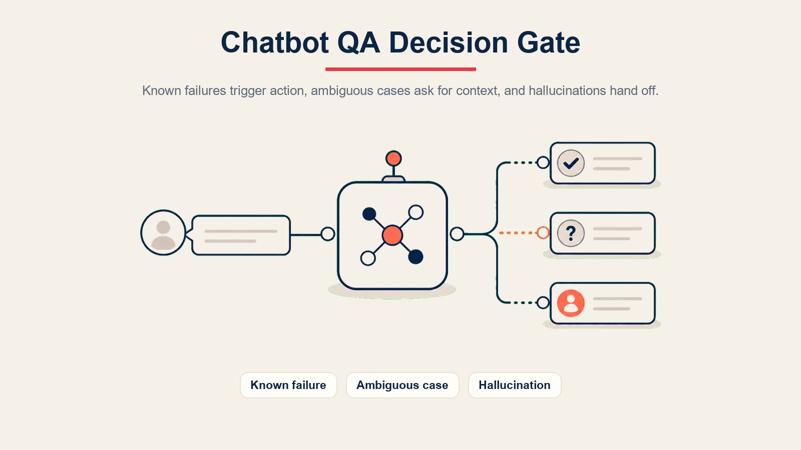 Pintu keputusan chatbot QA menunjukkan kegagalan yang diketahui, kes samar-samar, dan serahan halusinasi di sekitar teras model