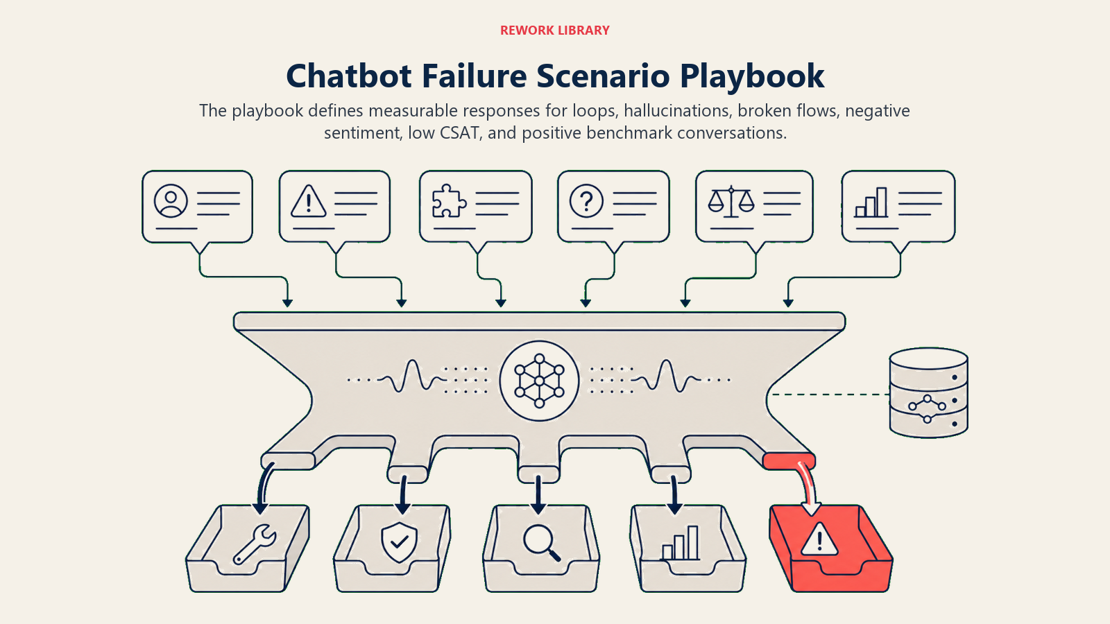 Chatbot Failure Scenario Playbook shown as a wide failure-pattern sorter receives six distinct transcript tokens and routes them into repair, intervention, review, and benchmark trays, with one coral high-severity chute