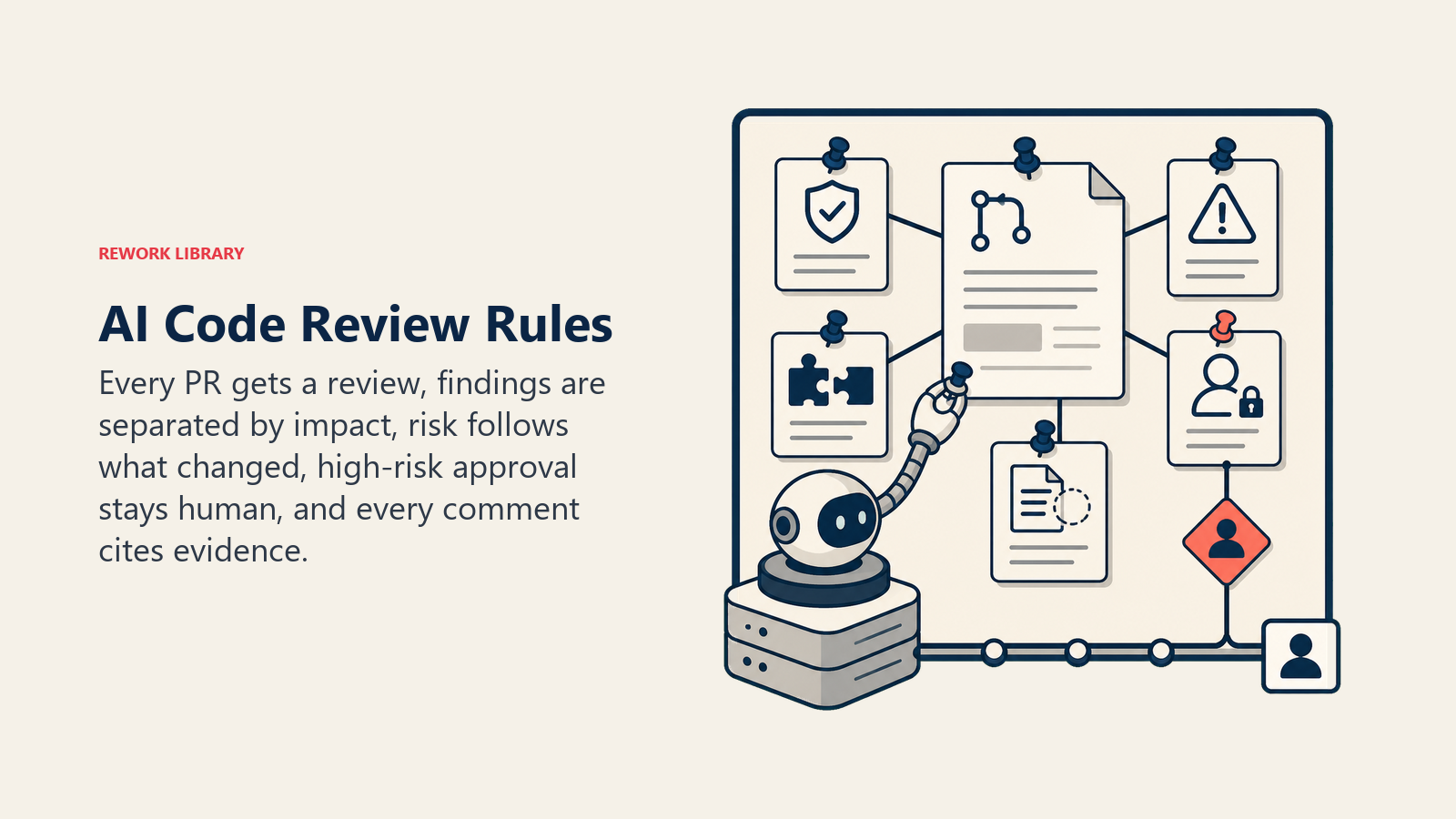 AI Code Review Rules shown as review board with five evidence pins and human gate