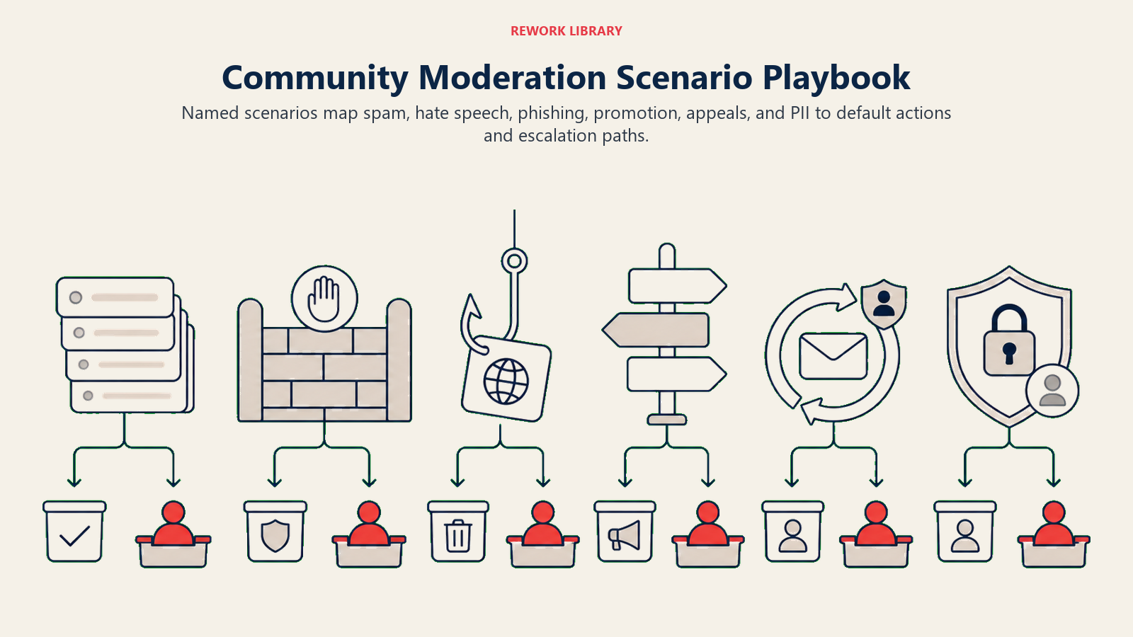 Community Moderation Scenario Playbook: wide branching moderation playbook with distinct scenario stations and escalation dock