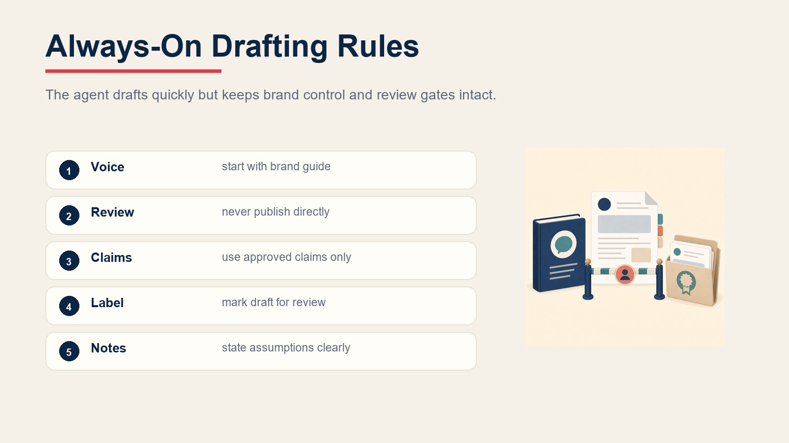 Content drafting operating rules checklist for voice, review, approved claims, draft labels, and assumptions