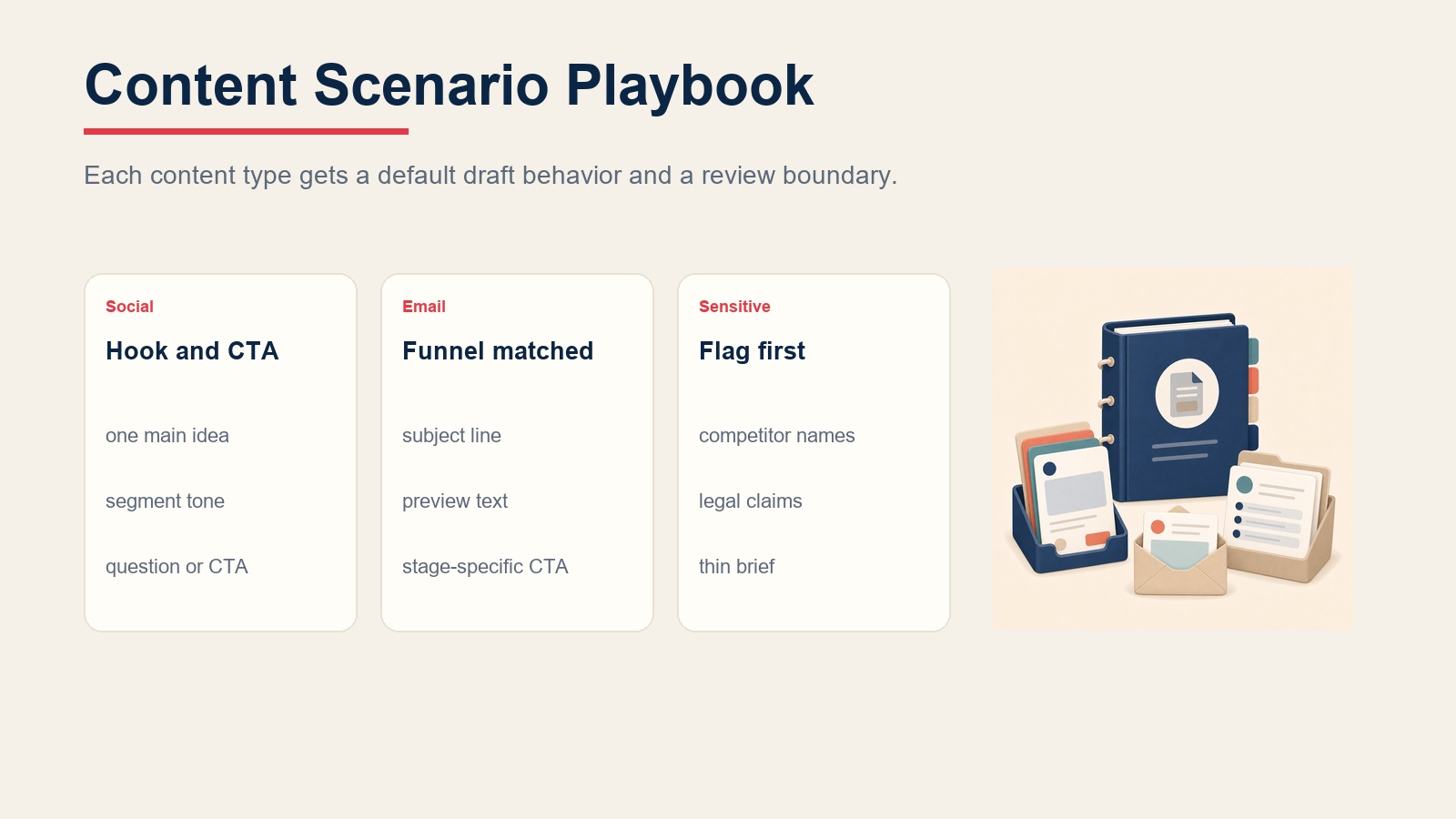 Content drafting scenario playbook comparing social posts, nurture emails, and sensitive requests