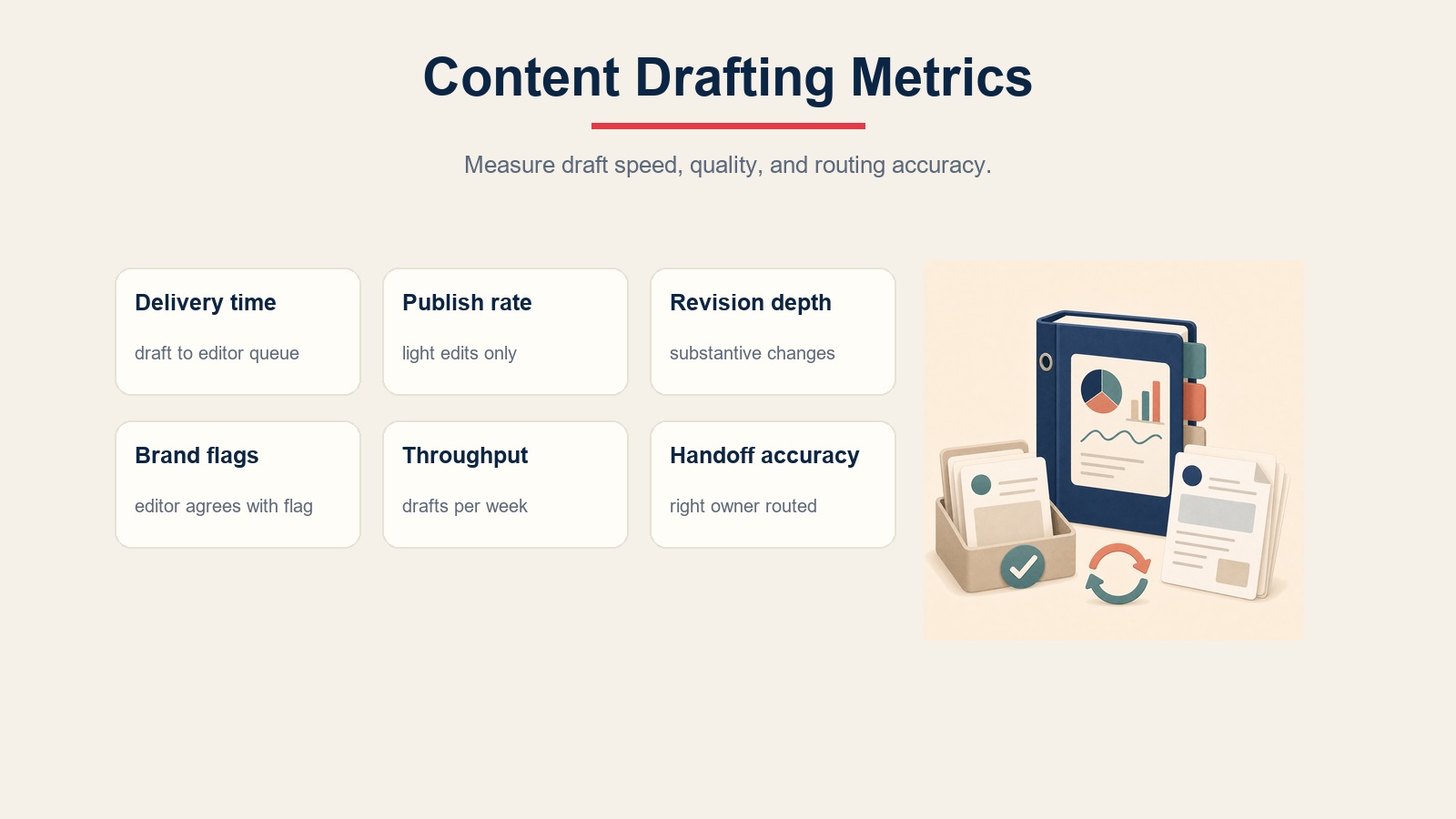 Content drafting metrics scorecard for delivery time, publish rate, revision depth, brand flags, throughput, and handoff accuracy