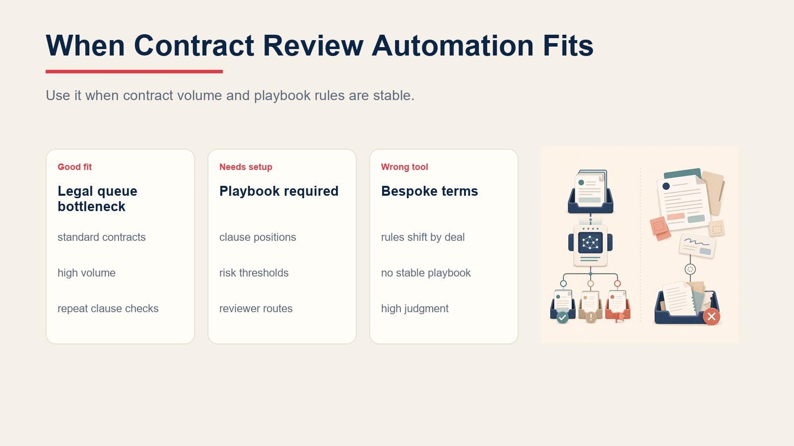 Comparison panel showing when contract review automation fits, needs setup, or should not be used