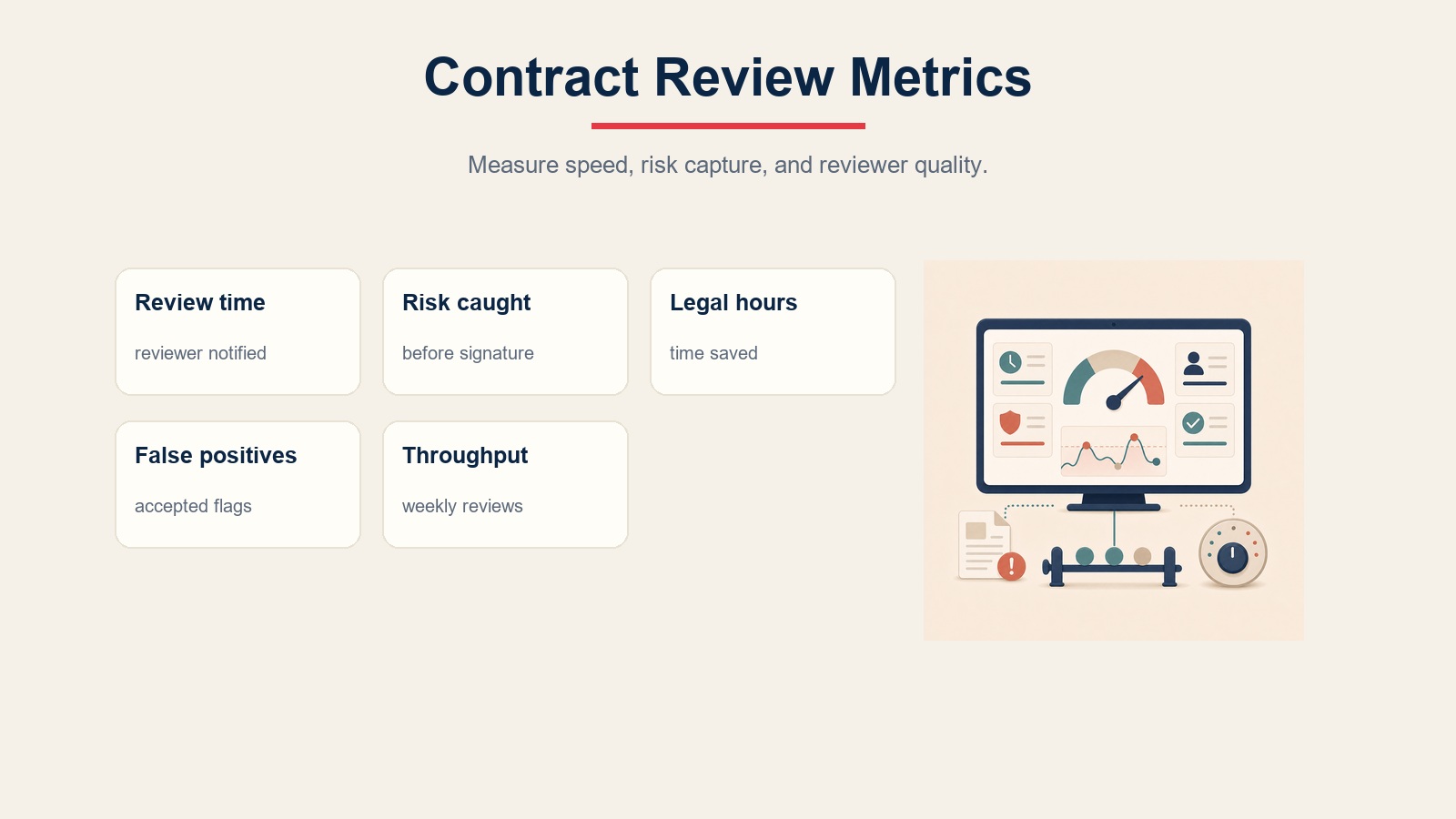 Contract review metrics scorecard for review time, risky clauses caught, legal hours, false positives, and throughput