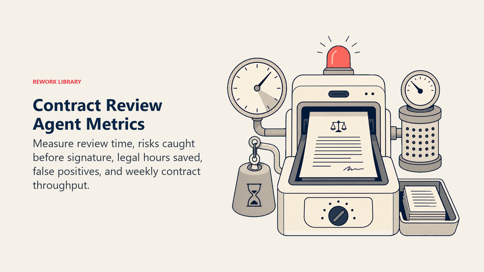 Contract review agent metrics for speed, risk detection, legal hours, false positives, and throughput