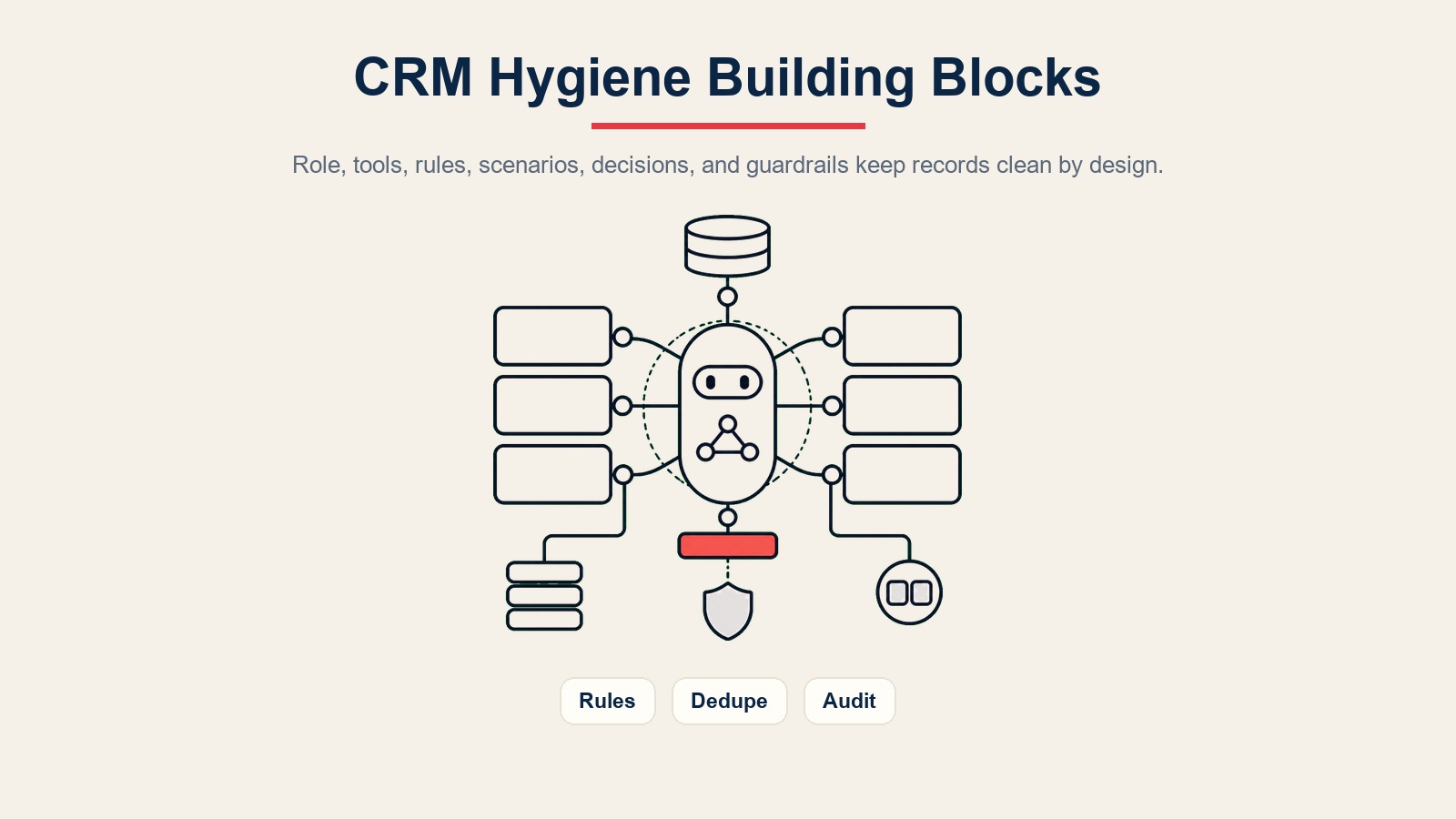 Componentes básicos del agente de limpieza de CRM con IA para deduplicación, reglas y controles de auditoría