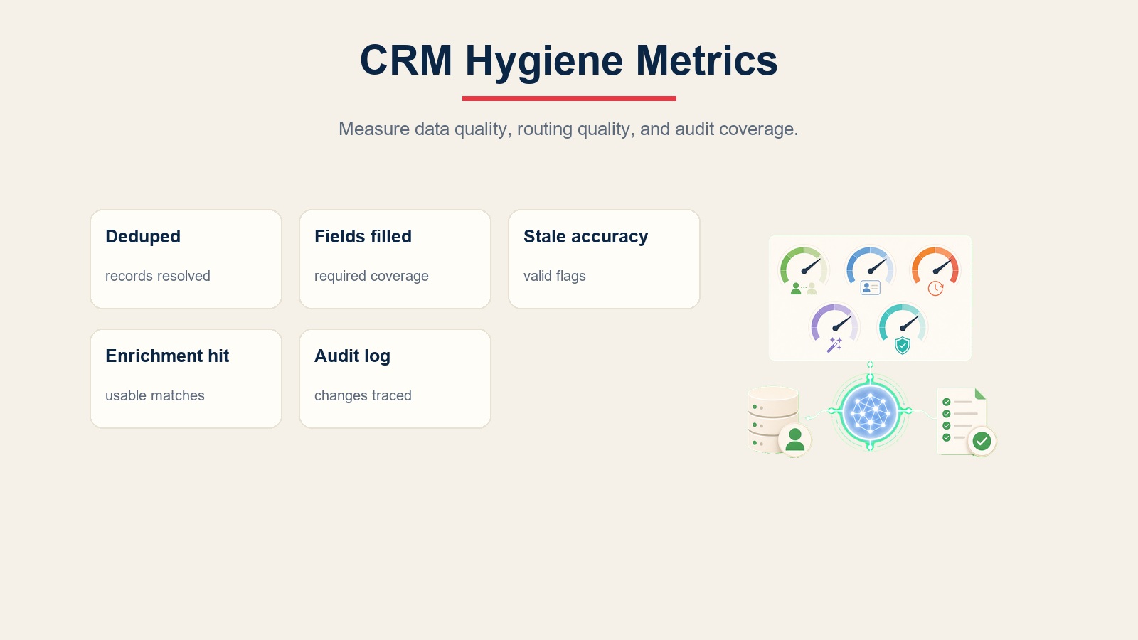 CRM hygiene metrics scorecard for deduplication, field completion, stale deal accuracy, enrichment hit rate, and audit logs
