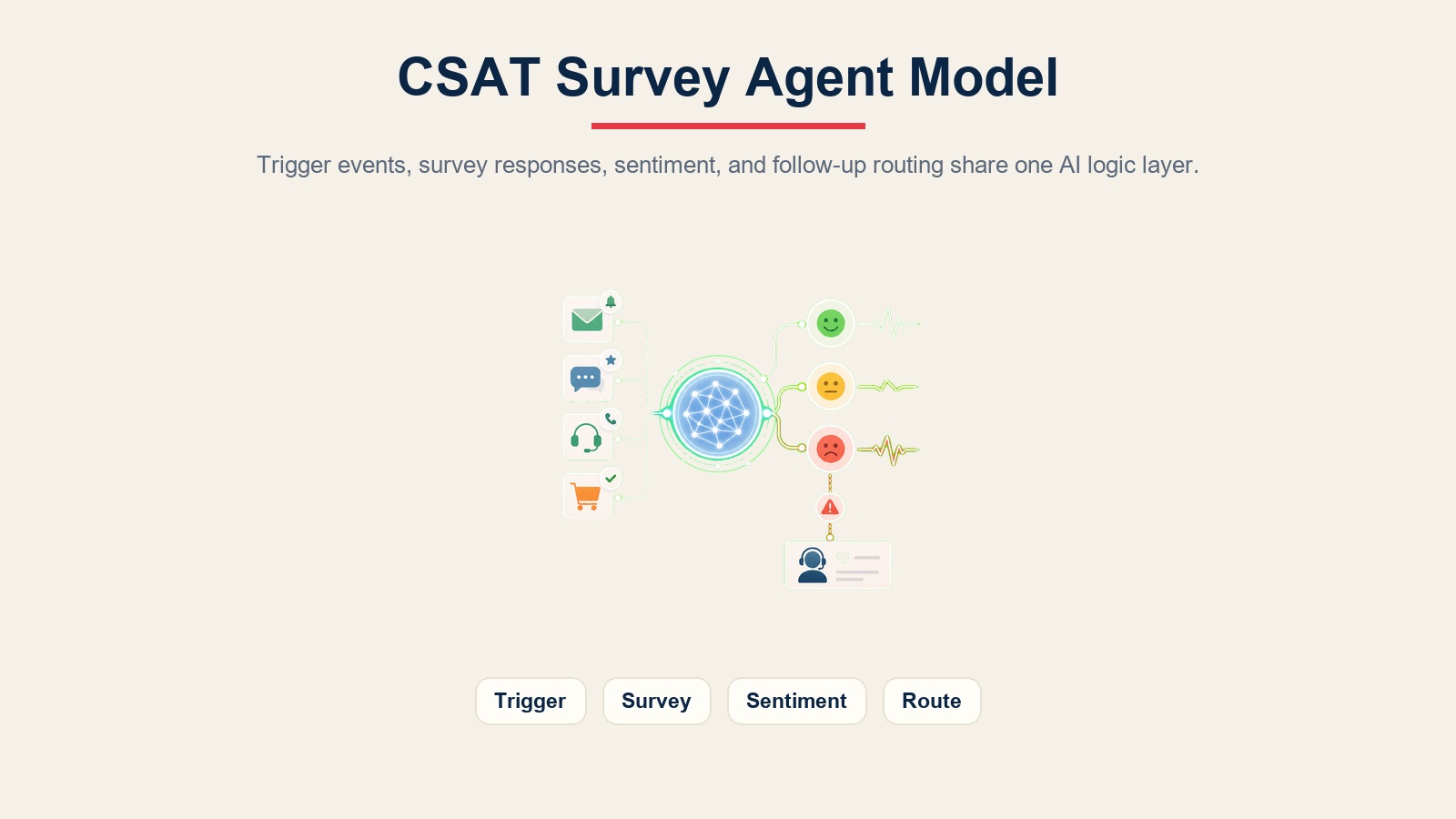 CSAT survey agent routing trigger events, survey responses, sentiment signals, and follow-up actions through an AI logic layer