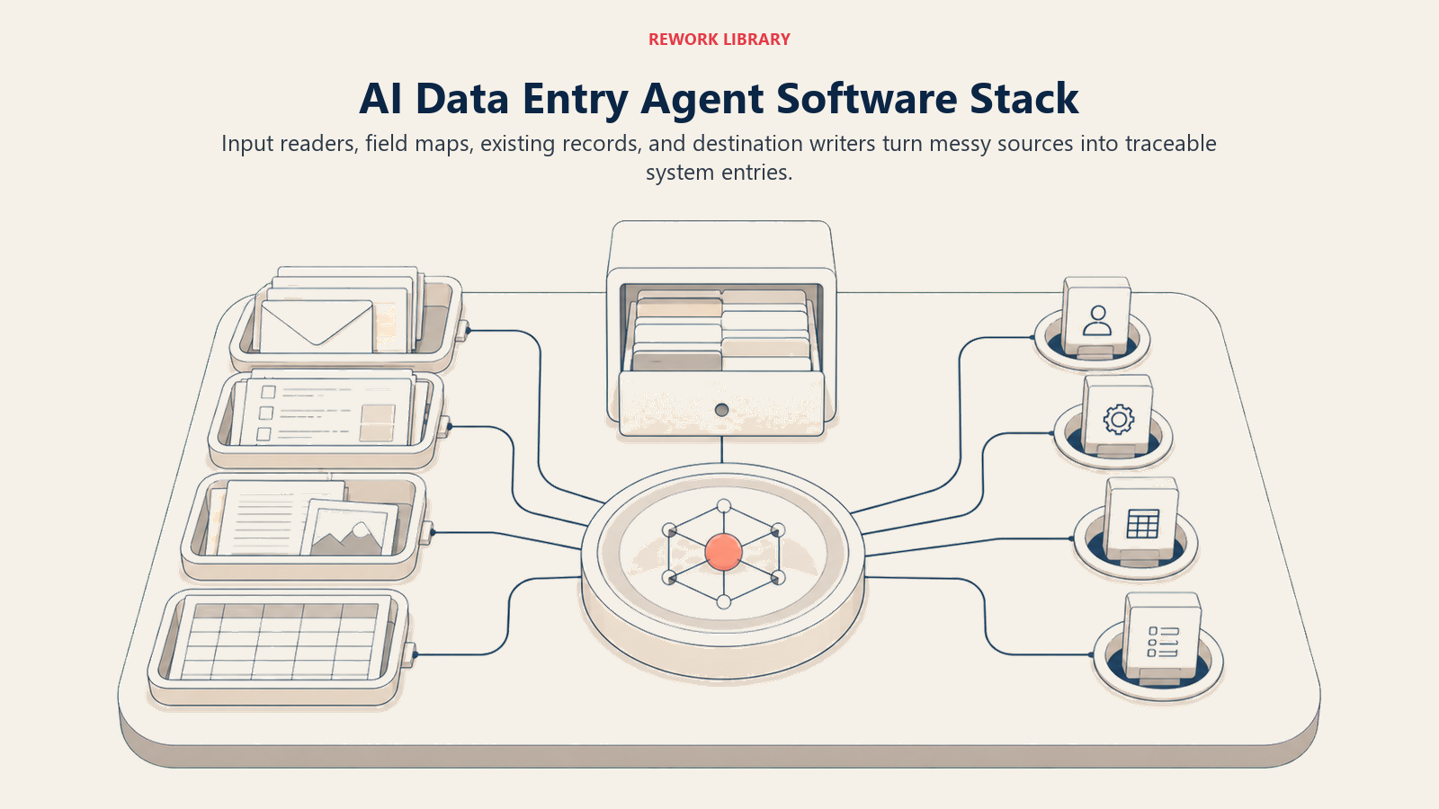 AI Data Entry Agent software stack shown as source readers, field mappings, record context, and destination writers