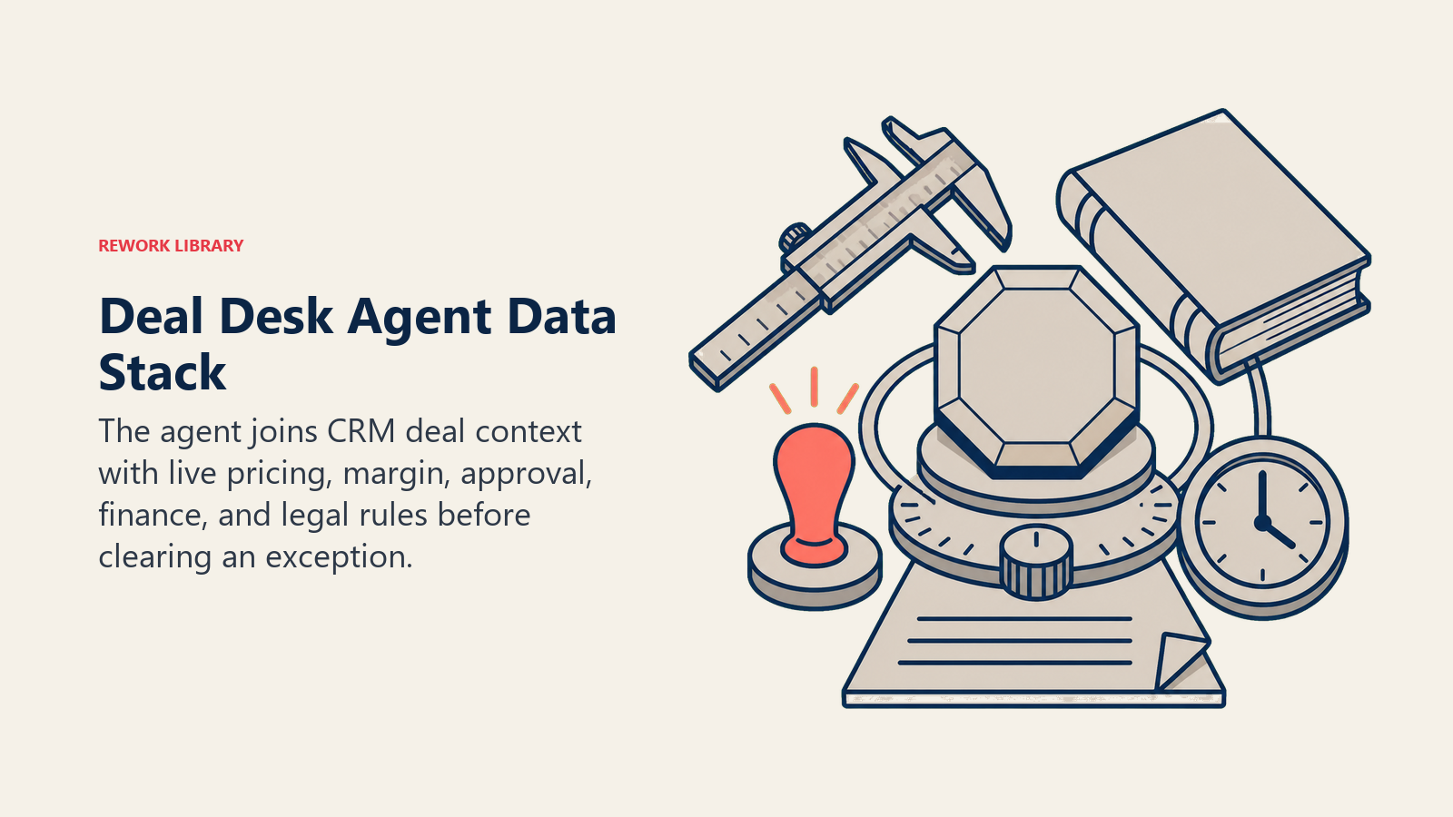 Deal desk agent data stack with CRM deal token, margin caliper, approval stamp, finance clock, and contract fold