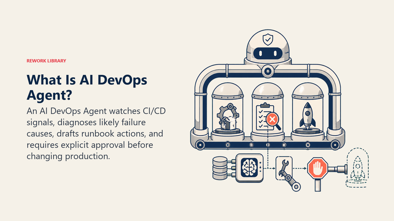 What Is AI DevOps Agent shown as pipeline guardian gantry with model core and approval brake