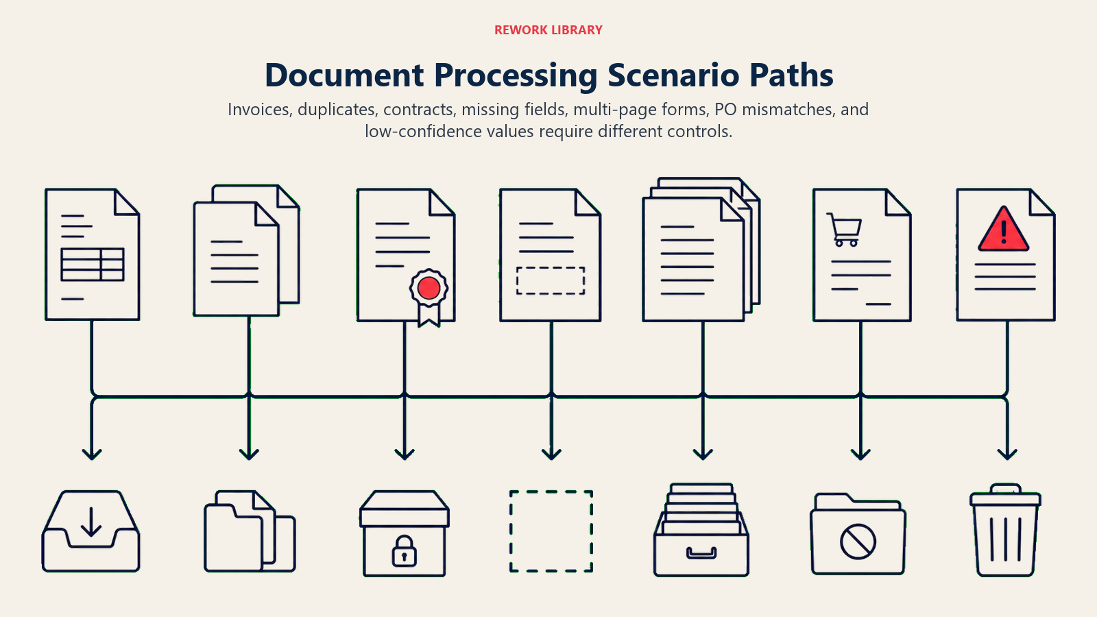 Document Processing Scenario Paths shown as a wide seven-zone document yard with distinct sparse artifacts for invoice, duplicate pair, contract seal, missing-field gap, page stack, unmatched PO, and confidence warning, each feeding the correct route
