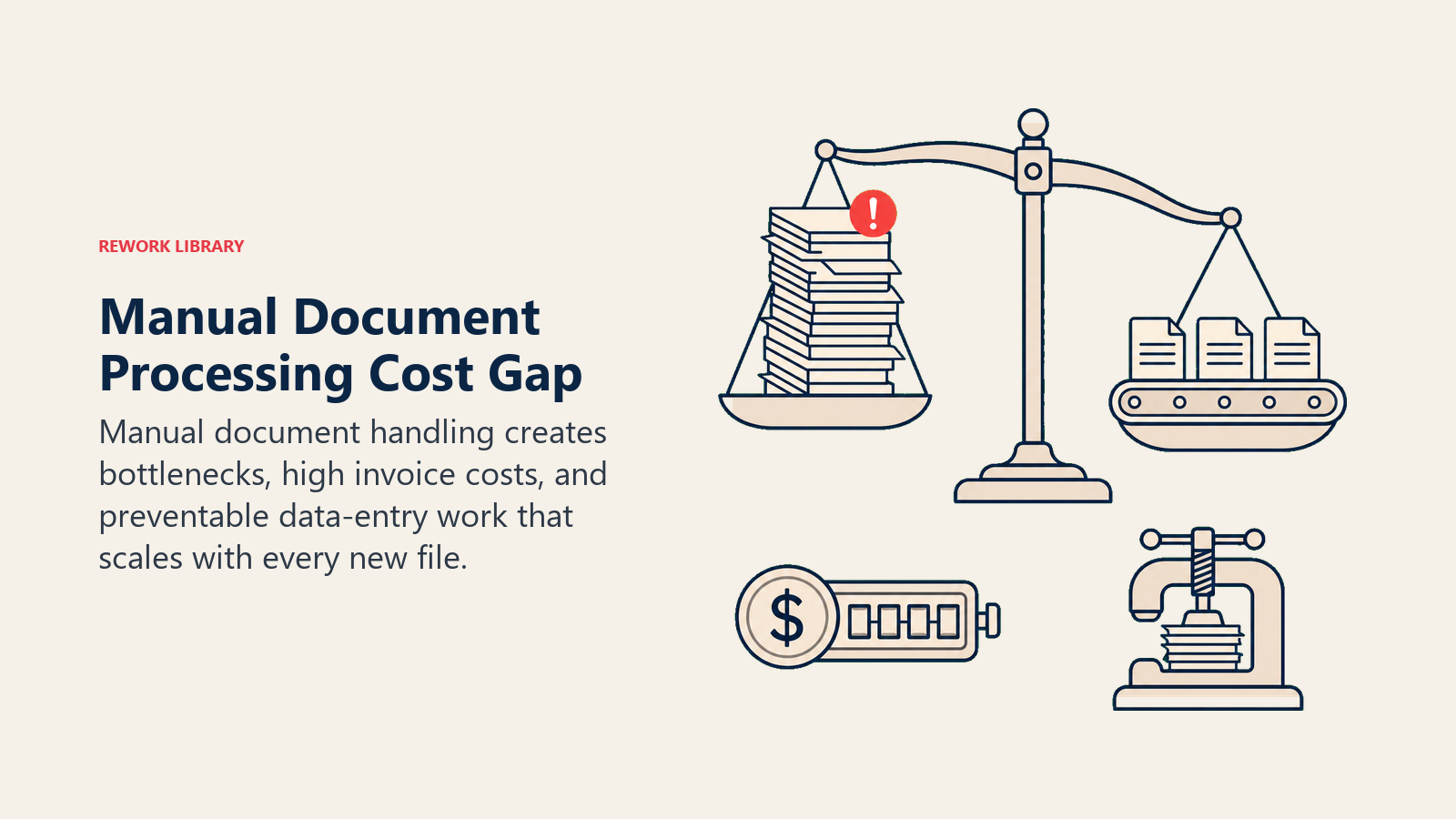 Manual Document Processing Cost Gap shown as a balance scale comparing a tall manual document queue with a streamlined extraction rail, plus a small cost counter and bottleneck clamp; one coral jam marker sits on the manual side