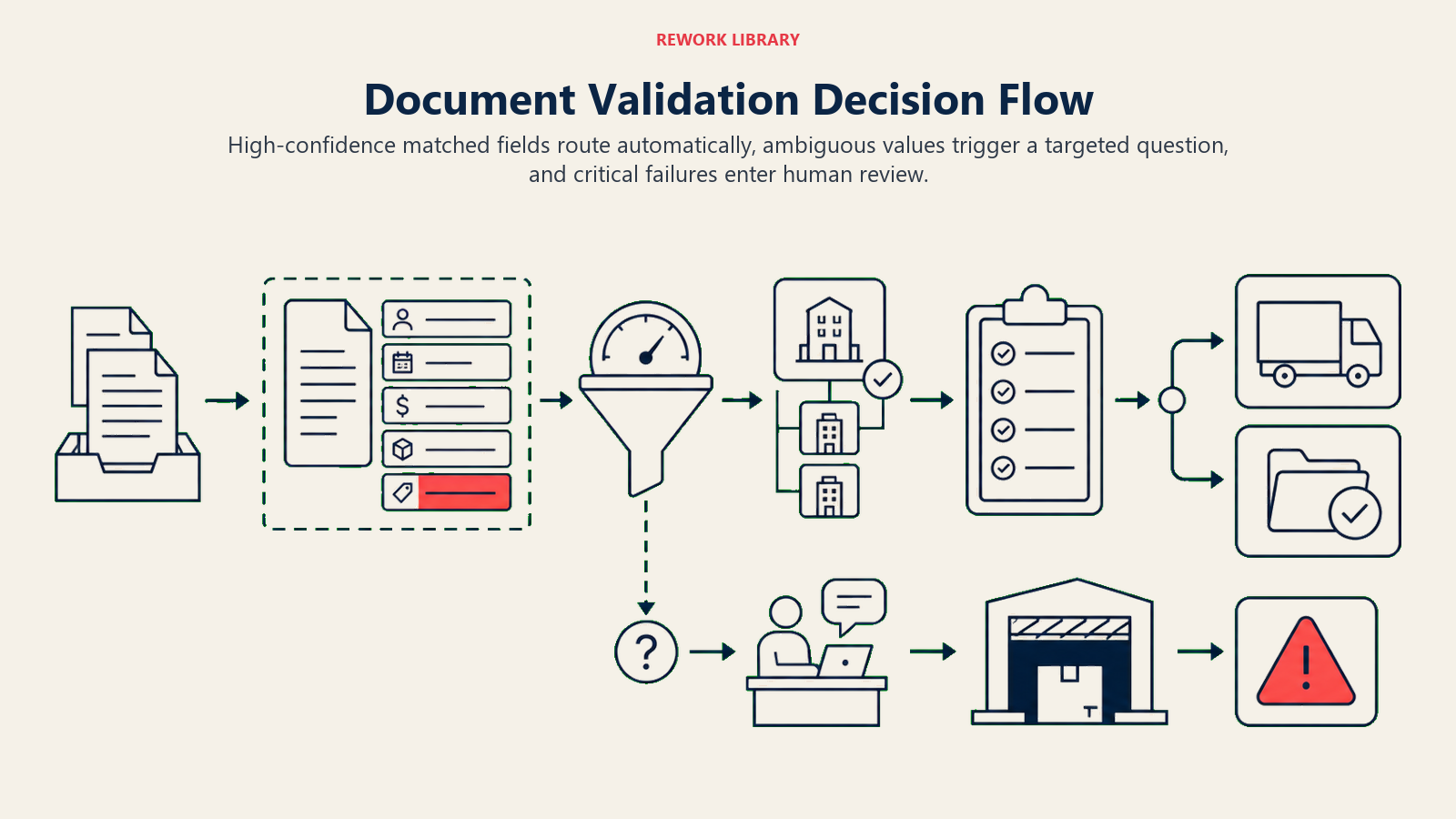 Document Validation Decision Flow shown as a wide document flow through extraction, confidence threshold, vendor match, PO validation, clean-routing lane, clarification checkpoint, and exception dock; one coral field token falls below threshold
