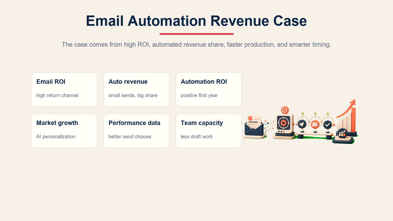 Argumento de receita da automação de e-mail mostrando ROI, participação da receita automatizada, ROI de automação, personalização, dados de desempenho e capacidade da equipe