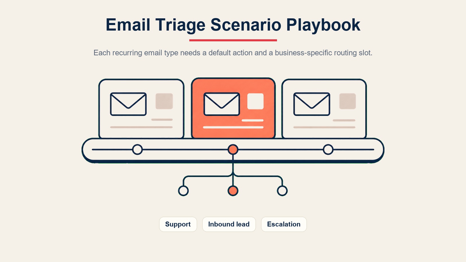 Panduan skenario email triage menampilkan slot perutean dukungan, lead masuk, dan eskalasi
