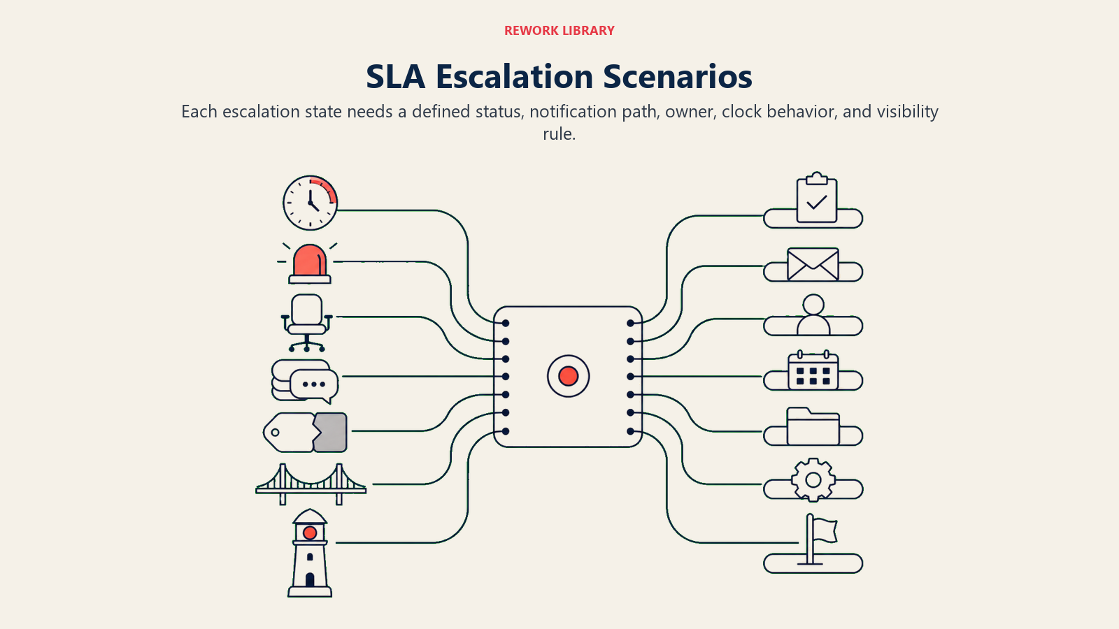 SLA scenario router for breach risk, owner gaps, disputes, transfers, and executive visibility
