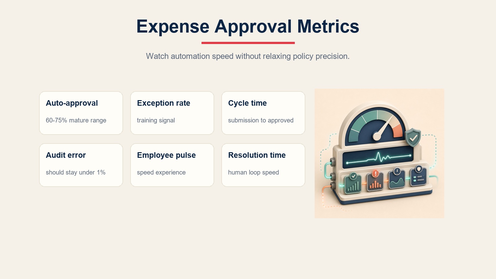 Expense approval metrics for auto-approval, exceptions, cycle time, audit errors, and resolution speed