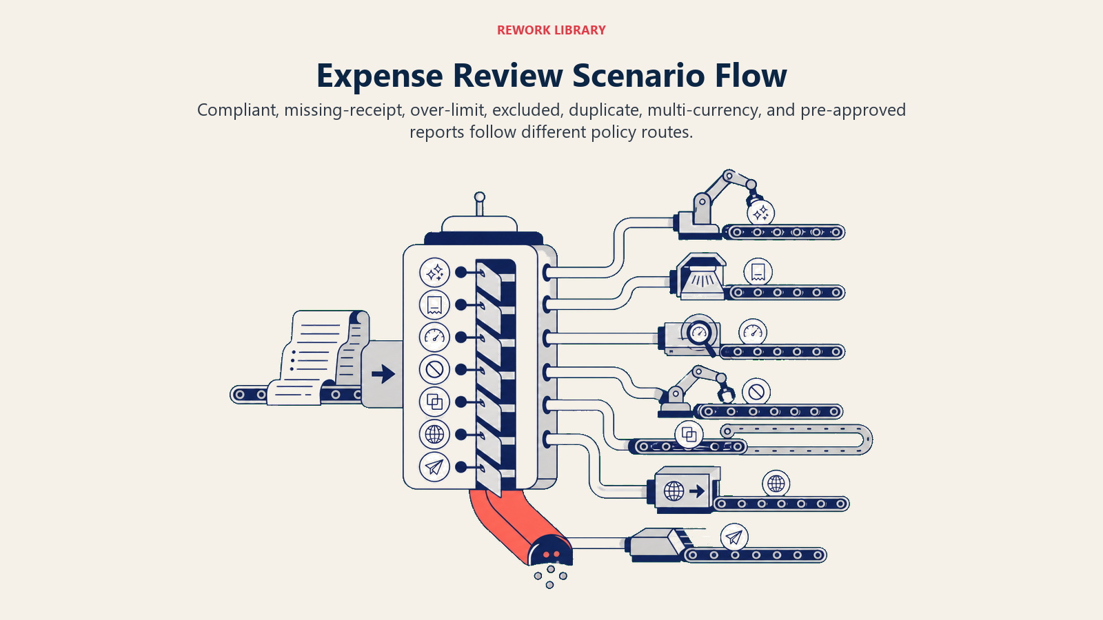 Expense review scenario flow for compliant, missing receipt, over-limit, duplicate, and currency cases