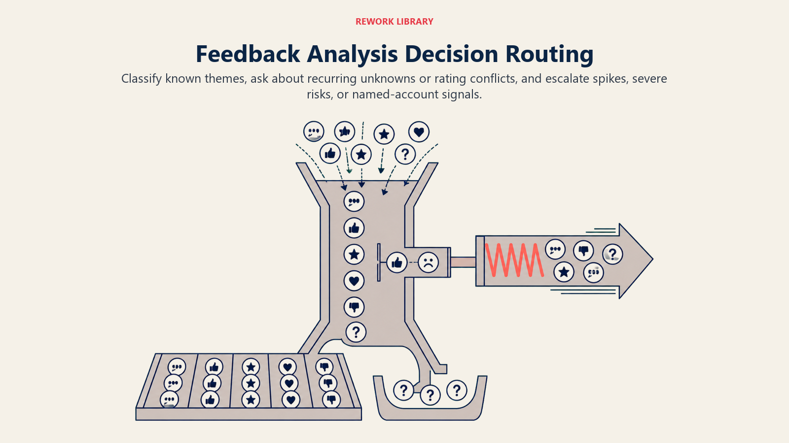 Feedback analysis decision route classifying known themes, reviewing conflicts, and escalating urgent spikes