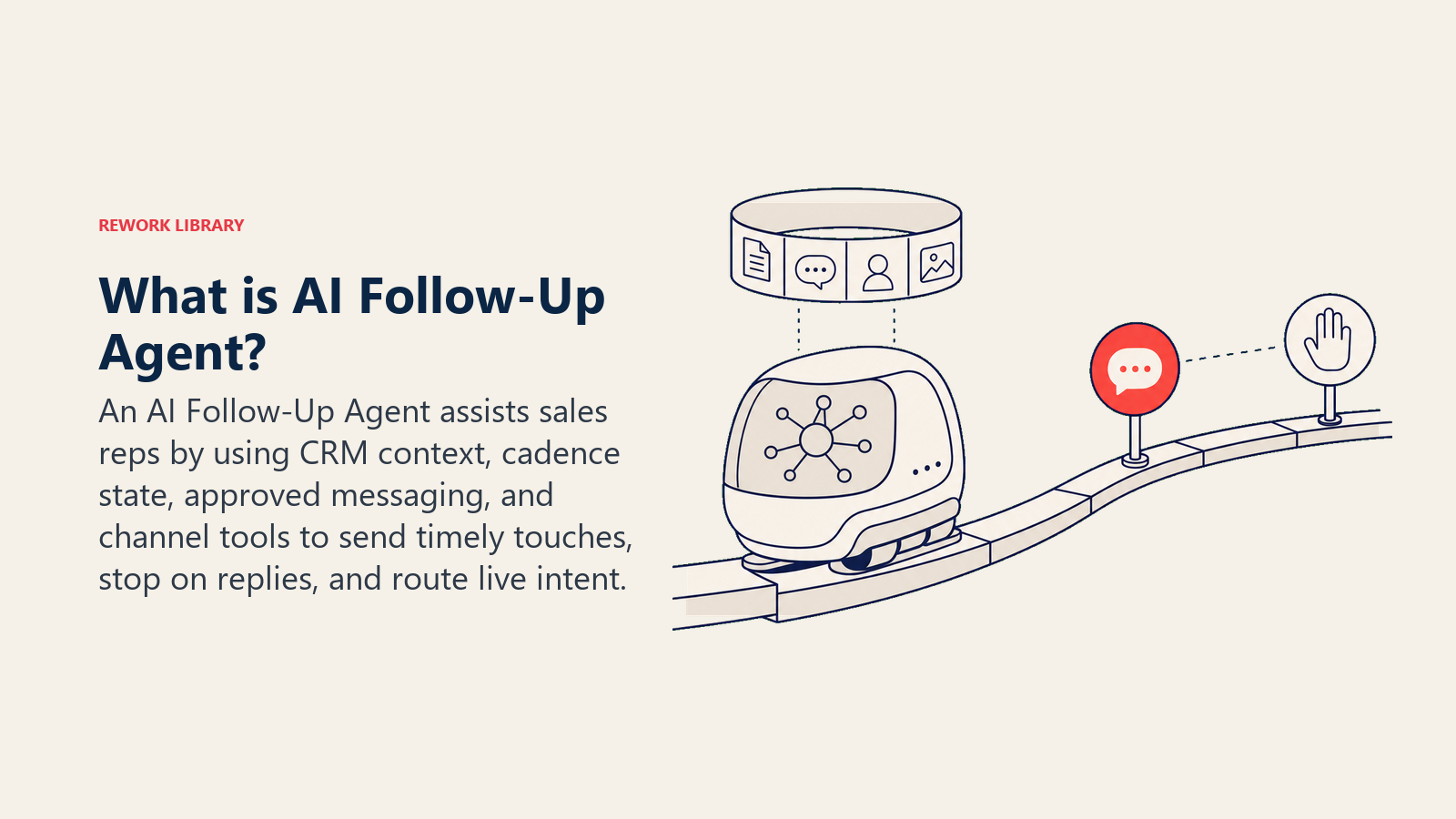 What is AI Follow-Up Agent? shown as an autonomous cadence pod rides a segmented communication rail, carrying a context-memory ring and stopping at one coral reply signal before a clean human handoff marker