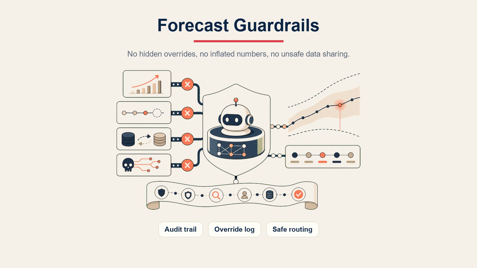 Visual inline AI Forecasting Agent menampilkan pagar pengaman untuk jejak audit, pencatatan override, dan perutean yang aman