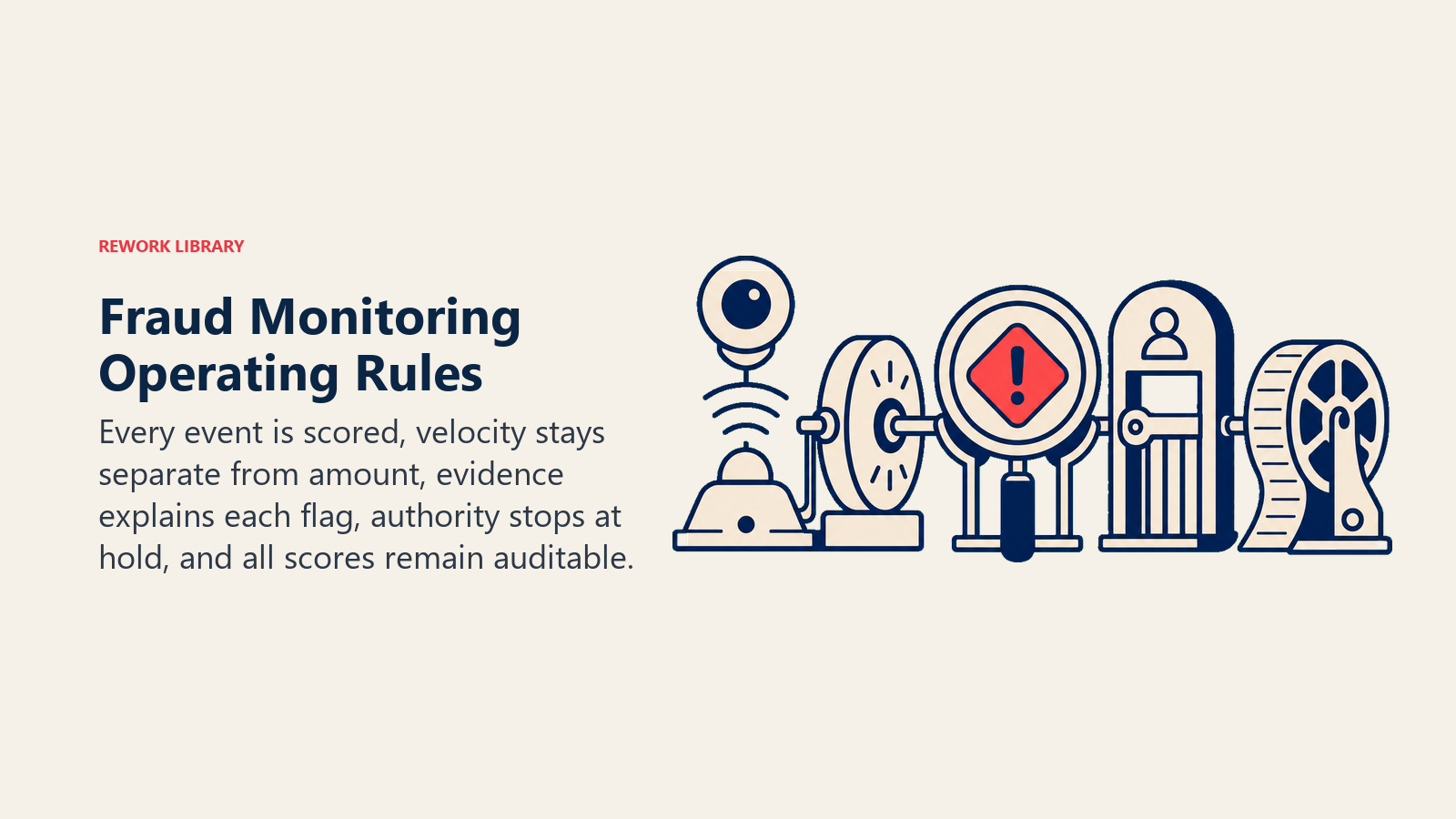 Fraud Monitoring Operating Rules showing a five-part fraud control instrument with universal event sensor, velocity pulse, evidence lens, authority stop gate, and audit reel. One coral suspicious event is held before any action