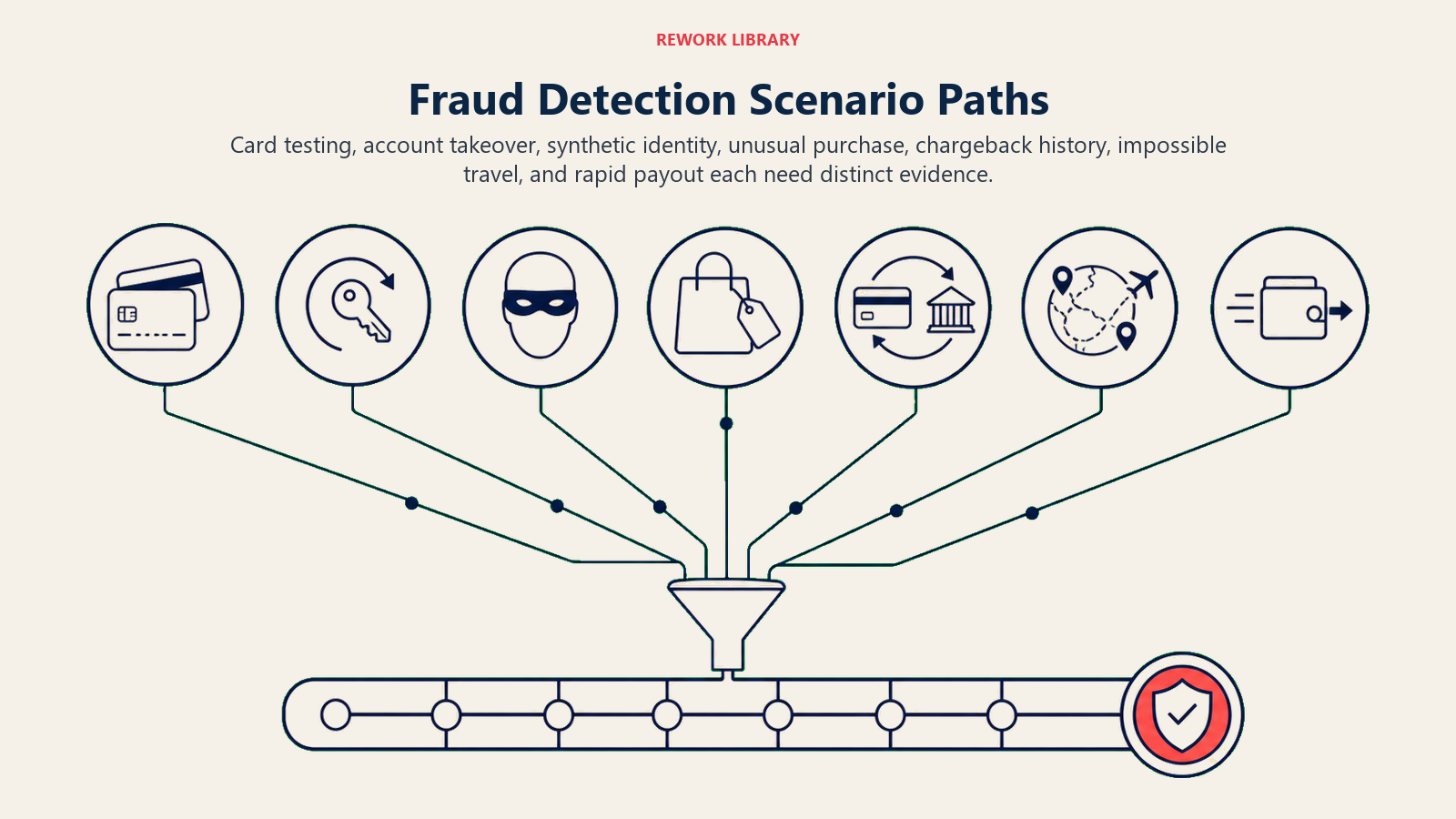Fraud Detection Scenario Paths showing a wide seven-zone threat map with sparse physical cues for repeated cards, changed key, identity mask, oversized purchase, chargeback loop, impossible-travel arc, and rapid payout gate, converging on one evidence rail