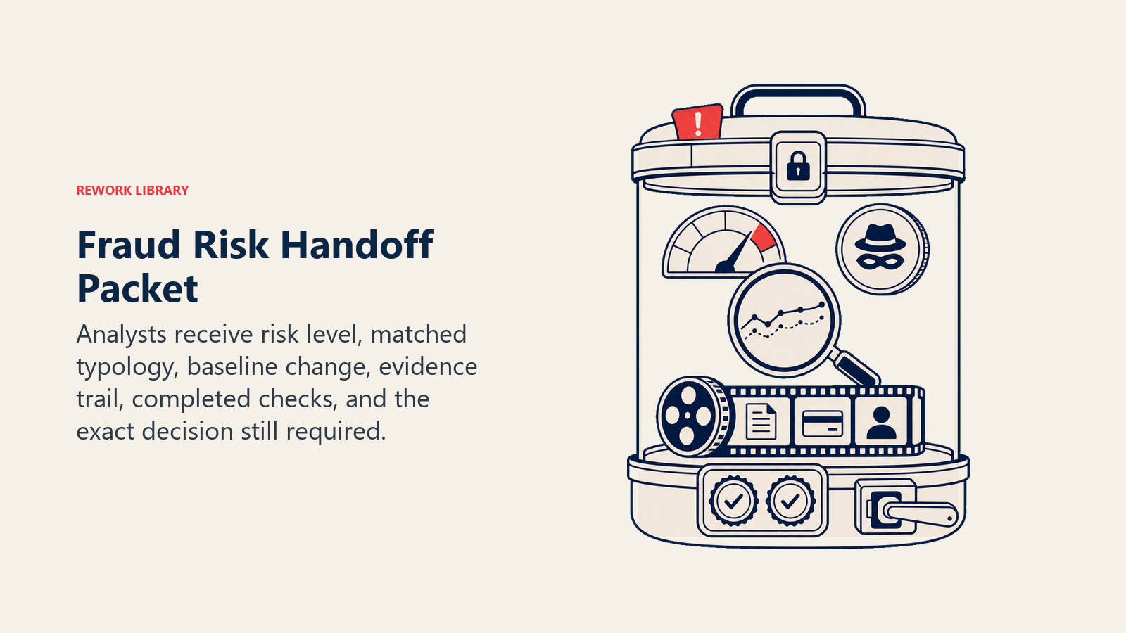 Fraud Risk Handoff Packet showing a transparent fraud case capsule with risk gauge, typology token, baseline comparison lens, evidence reel, verified-check seals, and pending-decision latch. One coral severity tab leads