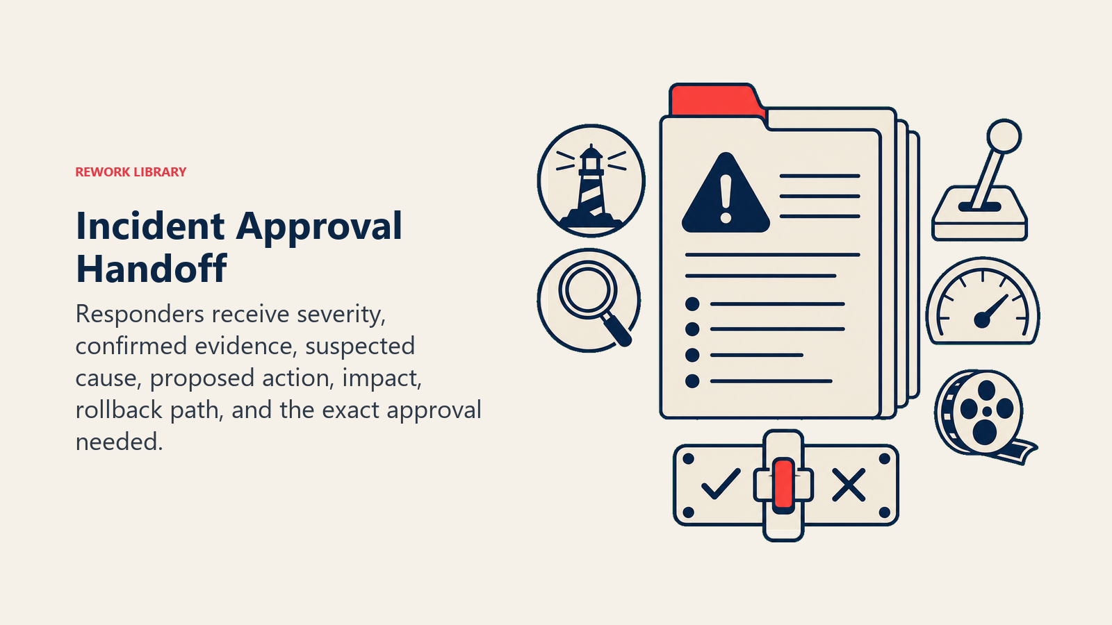 Incident Approval Handoff showing an incident approval packet with severity beacon, evidence lens, cause hypothesis token, proposed-action lever, impact gauge, rollback reel, and approve-or-reject latch. One coral critical tab leads