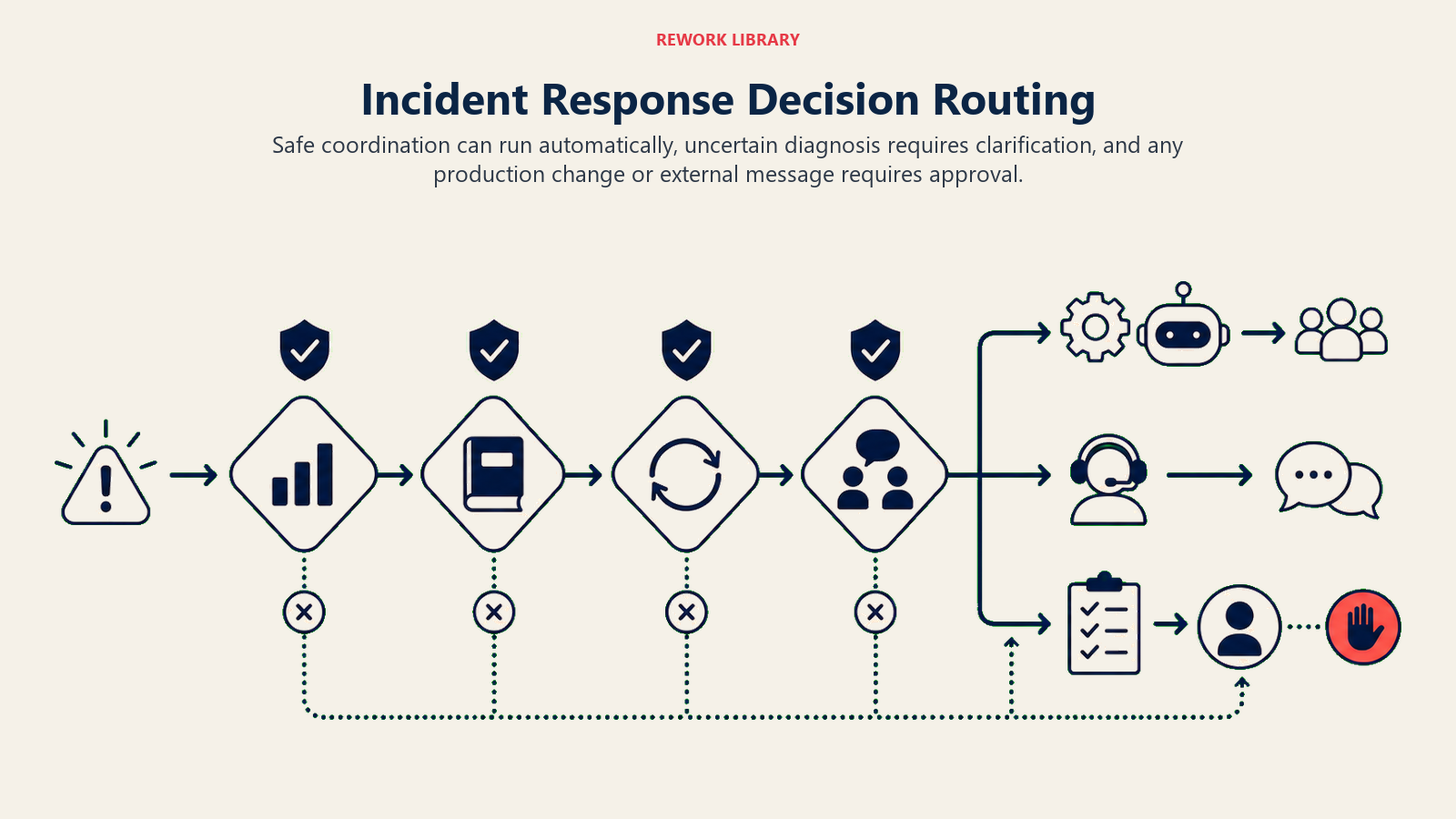Incident Response Decision Routing showing a wide incident decision flow through severity, runbook-match, reversibility, and communication gates into automatic coordination, clarification, and human-approval lanes. One coral rollback proposal stops at approval