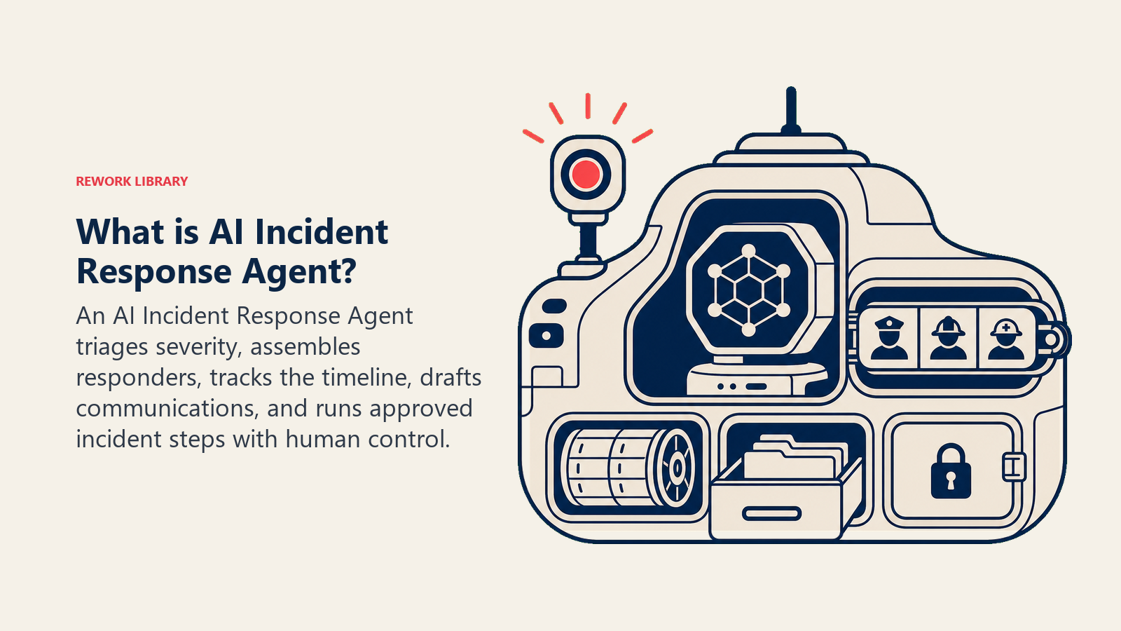 What is AI Incident Response Agent? showing incident command pod with severity sensor, dispatch rail, timeline memory, and approval gate