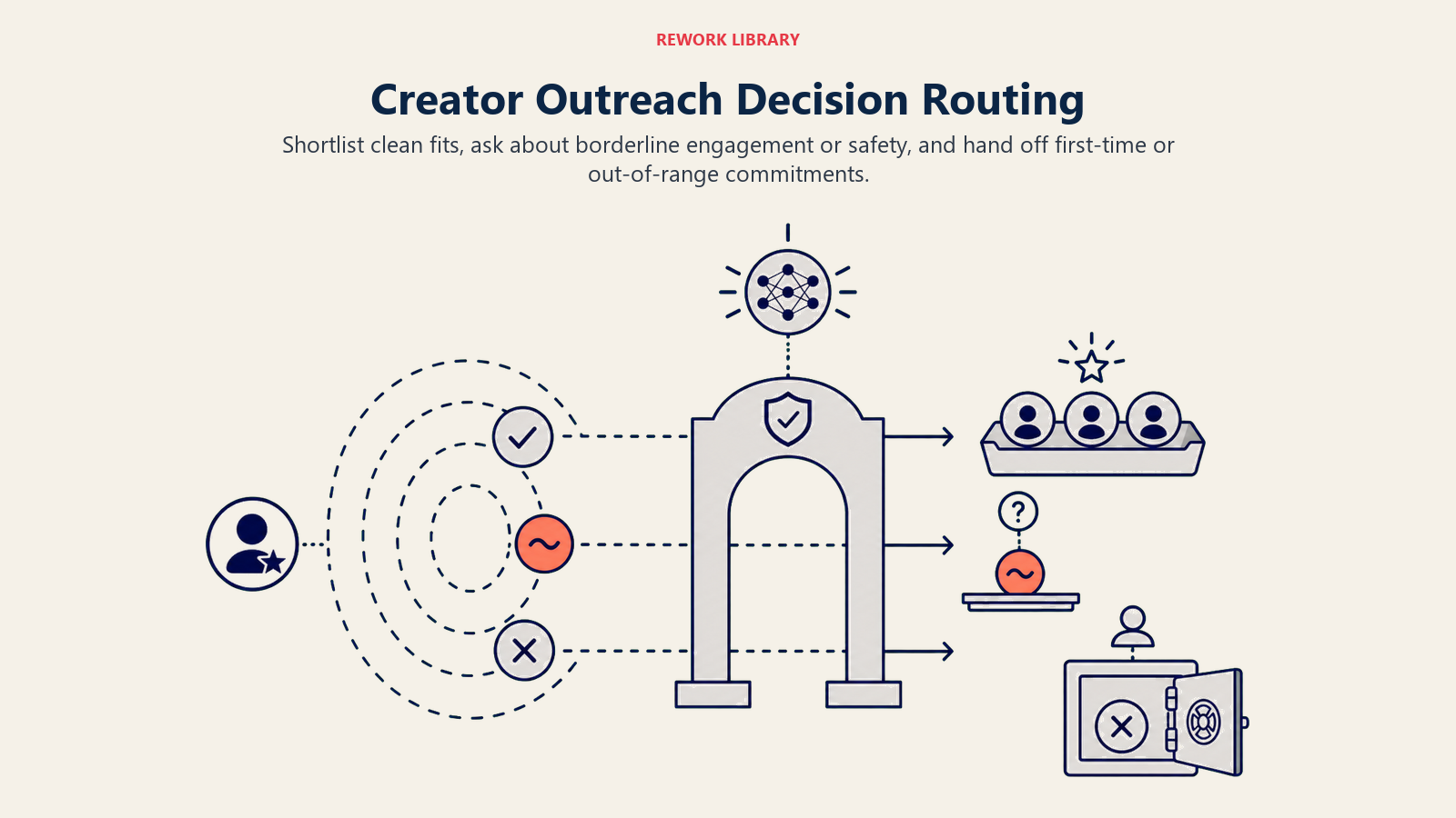 Creator outreach decision route shortlisting clean fits, reviewing borderline cases, and handing off commitments