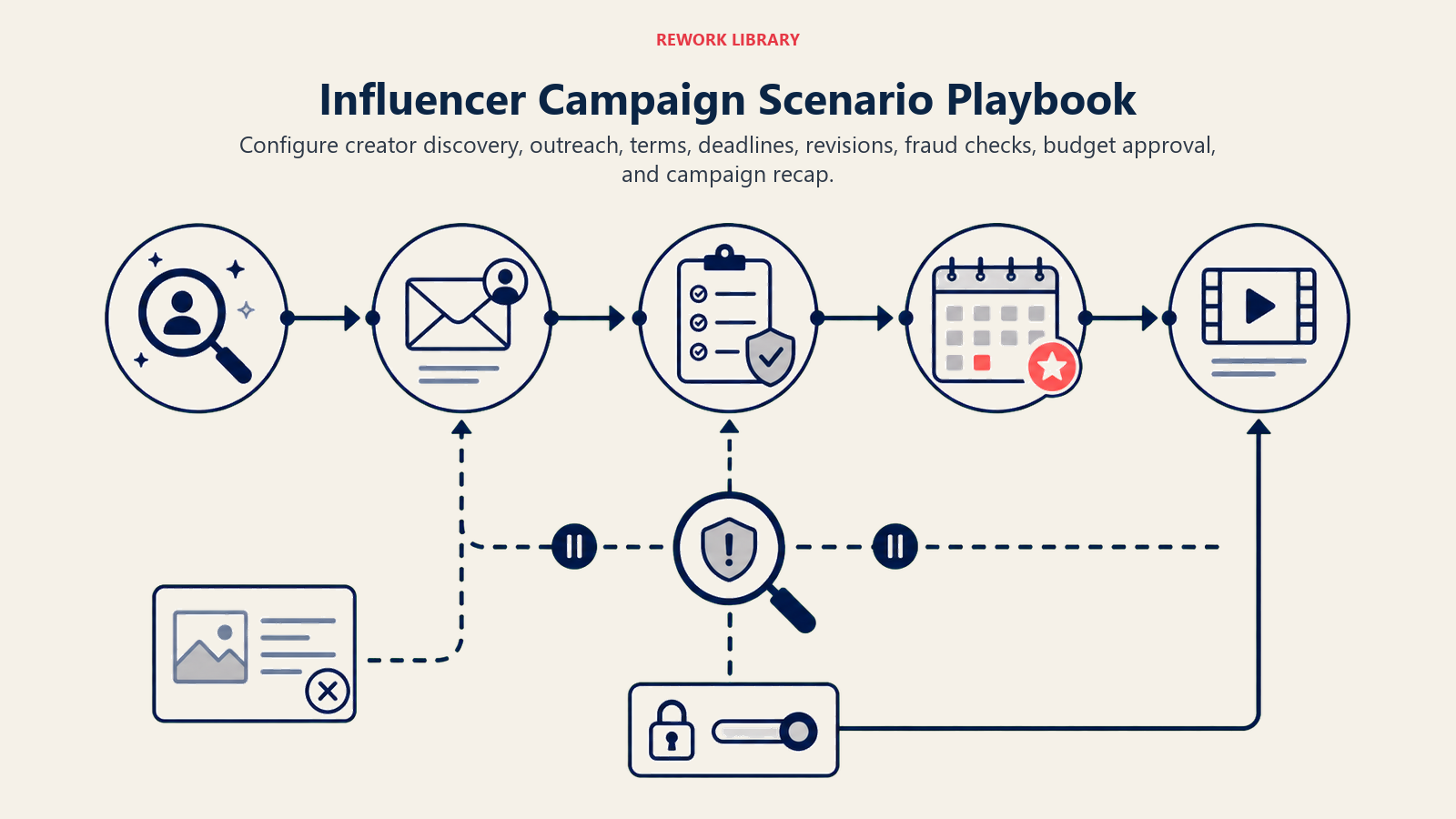 Influencer campaign scenarios from creator discovery through outreach, terms, delivery, checks, revisions, and recap