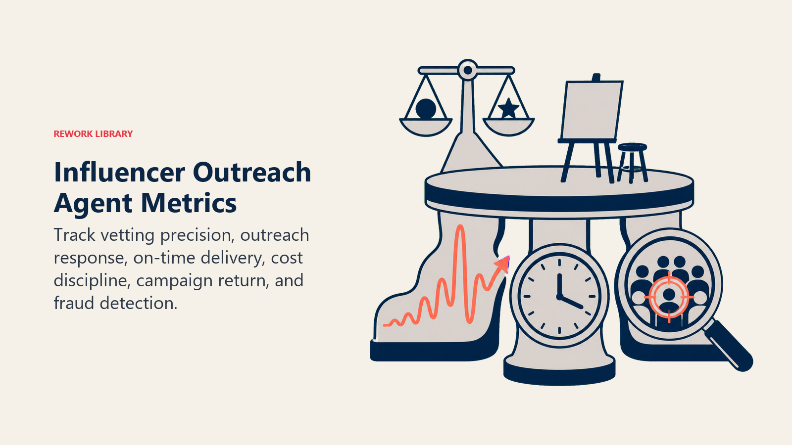 Influencer outreach metrics shown as a creator stage with response signal, delivery clock, cost balance, and fraud lens