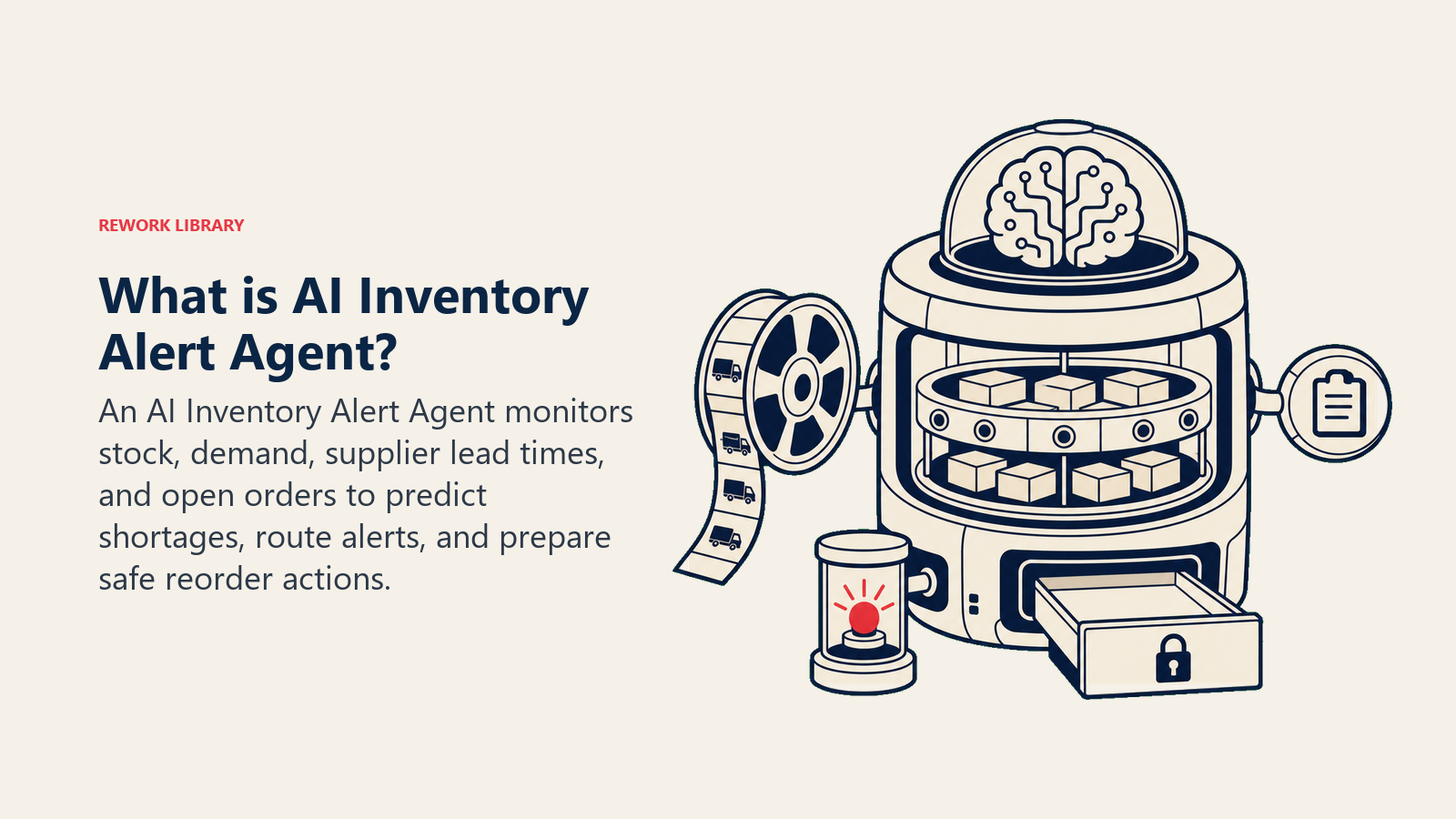 What is AI Inventory Alert Agent? showing inventory control pod with model core, stock sensor, lead-time reel, and locked draft order tray