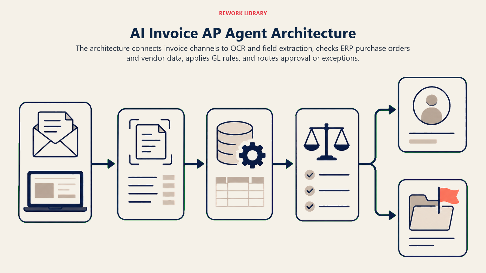 AI Invoice AP Agent architecture from invoice intake and OCR through ERP matching, GL rules, and approval routing
