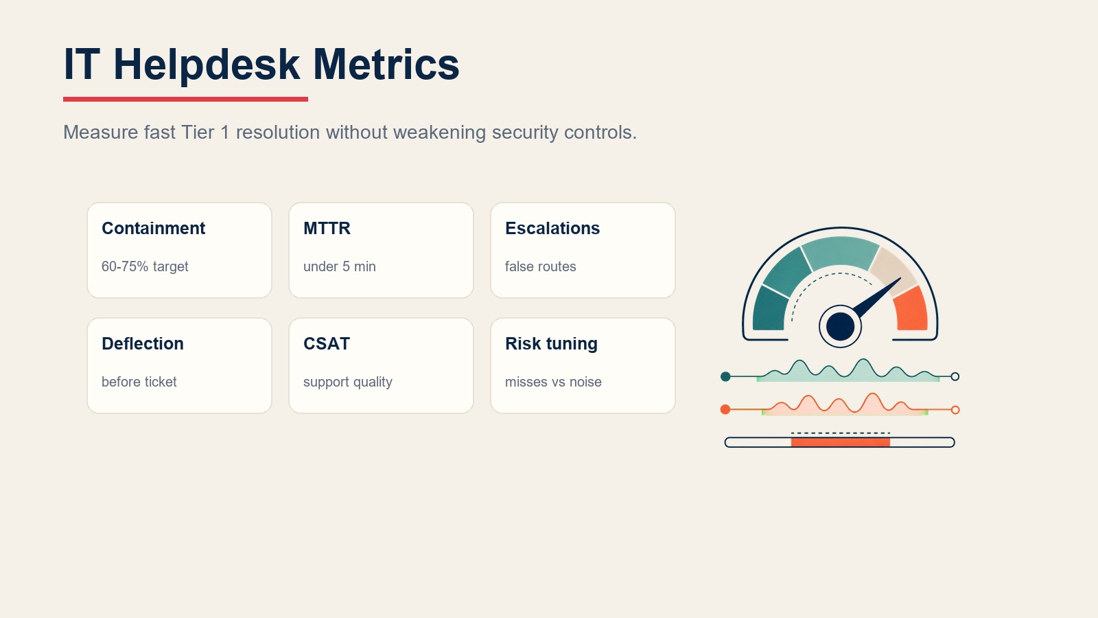 IT helpdesk metrics for containment, MTTR, escalation quality, deflection, CSAT, and risk tuning