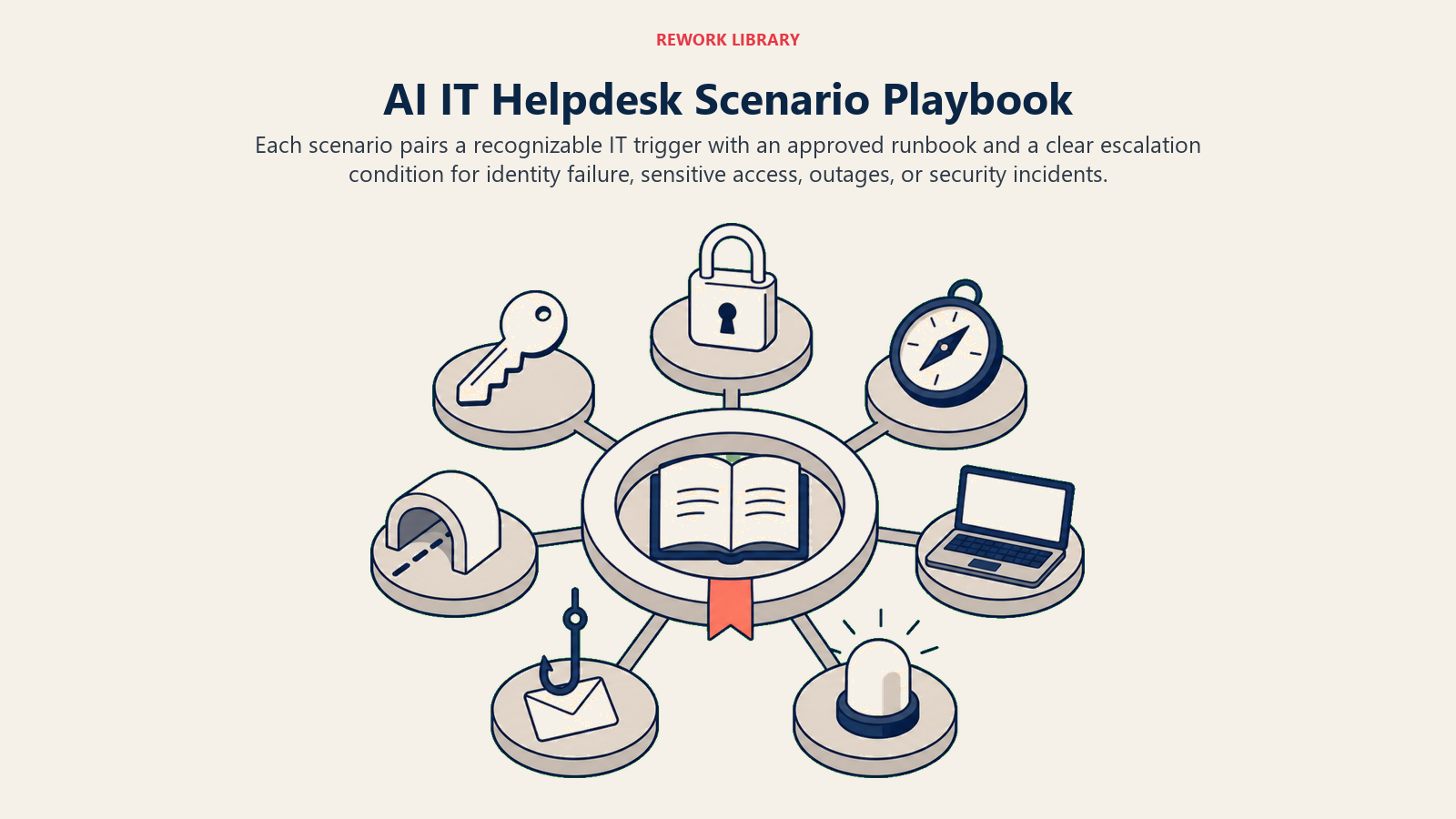 AI IT Helpdesk Agent scenario playbook for resets, access, VPN, hardware, security, and outages