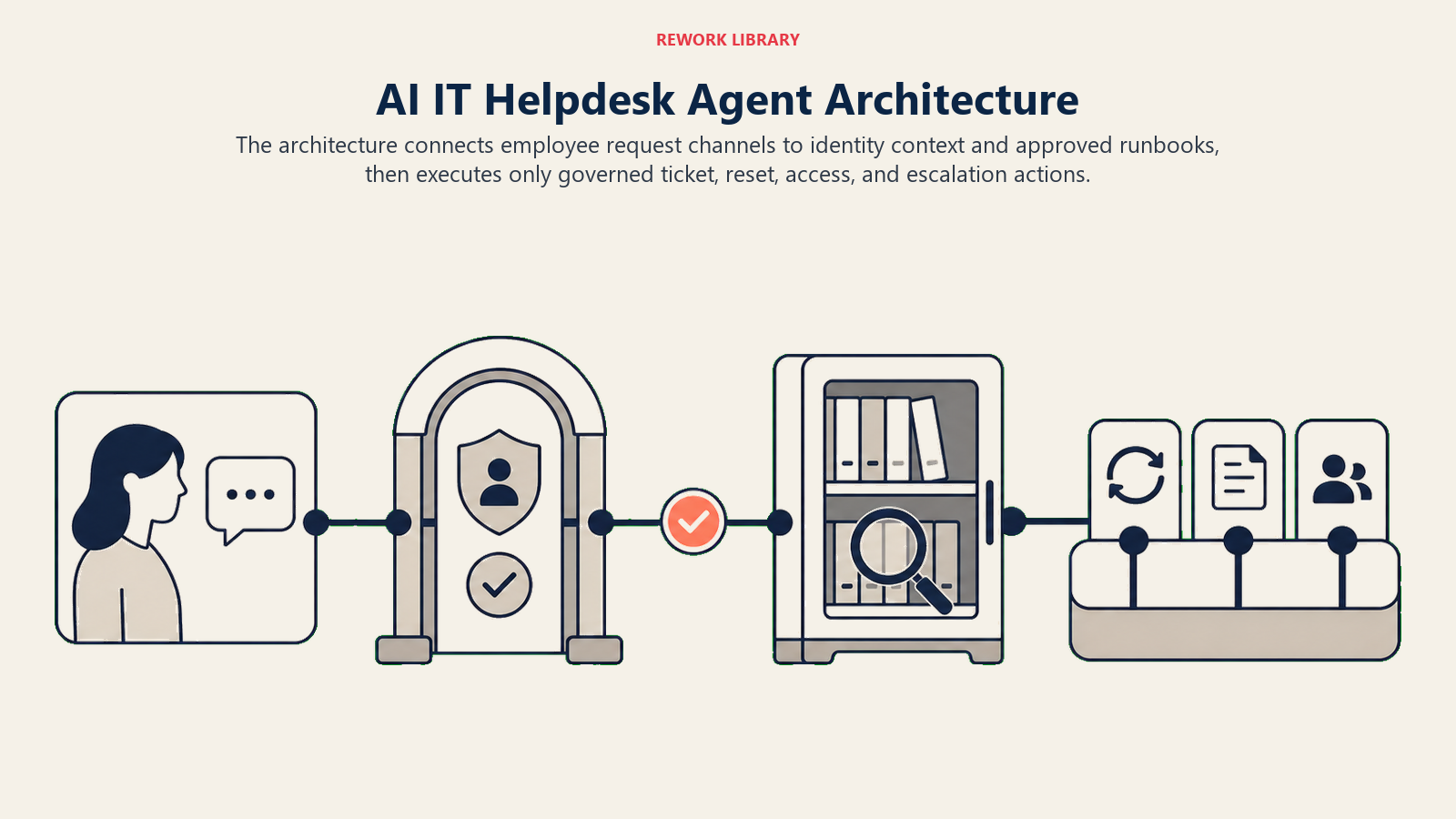 AI IT Helpdesk Agent architecture connecting channels, identity, runbooks, and governed support actions