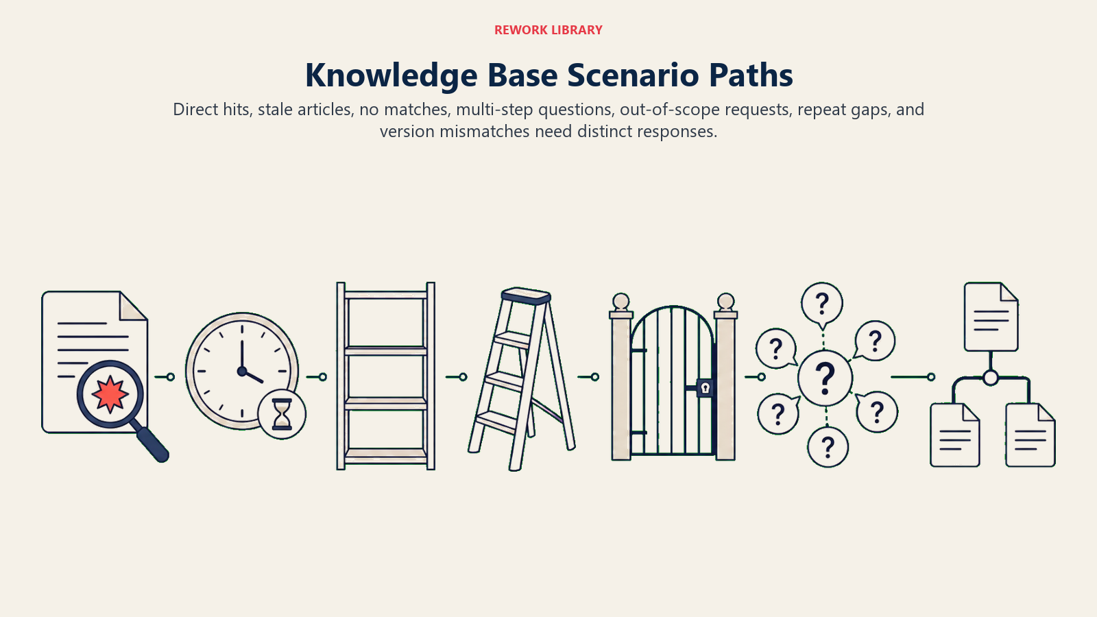 Knowledge Base Scenario Paths shown as a wide seven-station knowledge map with distinct artifacts for citation hit, stale clock, empty shelf, step ladder, boundary gate, repeated-question cluster, and version split