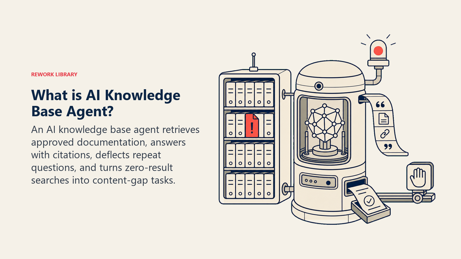 What is AI Knowledge Base Agent? shown as retrieval pod with knowledge cabinet, citation ribbon, and gap beacon